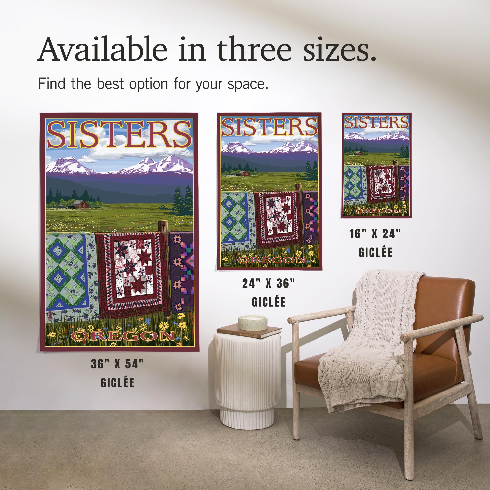 Lantern Press 16x24 Inch Giclee Art Print - Sisters Oregon Landscape with Quilts on Fence - Wall Decor for Living Room, Bedroom & Office