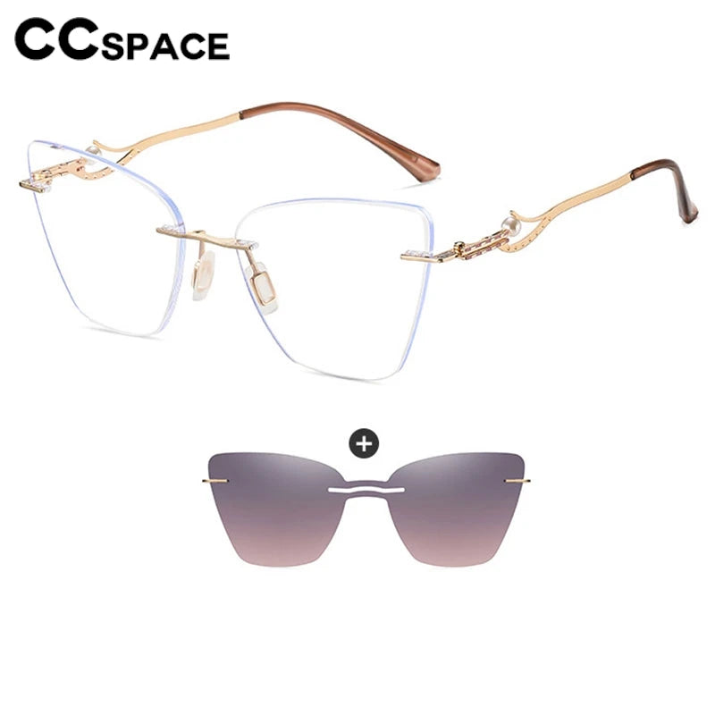 CCspace Women's Rimless Cat Eye Alloy Eyeglasses Clip-On Sunglasses - Lightweight UV Protection for Driving, Reading & Outdoor Activities