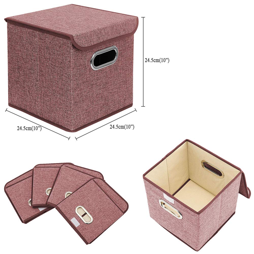 Foldable Fabric Storage Bins with Lids [Set of 4] - 10x10x10 Inch Collapsible Organizer Boxes for Home, Closet & Office Organization - Red Linen Cloth Storage Cubes