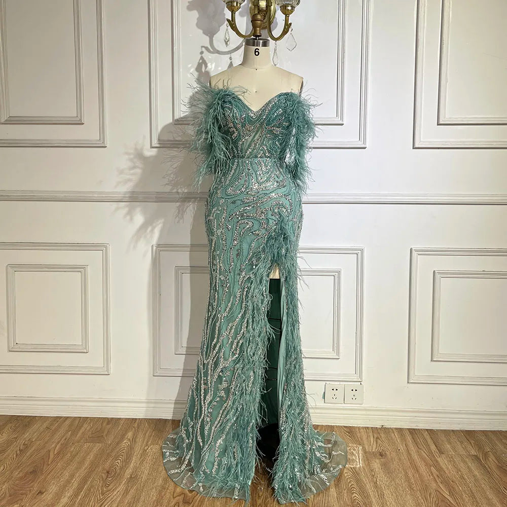 Serene Hill Turquoise Spaghetti Strap High Slit Mermaid Beaded Feather Evening Gown for Women - Elegant Wedding Party Dress 2025 LA72602 | Perfect for Prom, Gala, Red Carpet & Formal Events