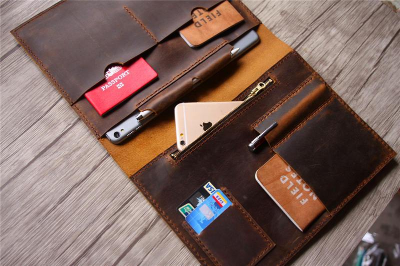 Premium Embossed Brown Leather Portfolio Folder for Men - Professional Document Organizer for Business, Office & Meetings