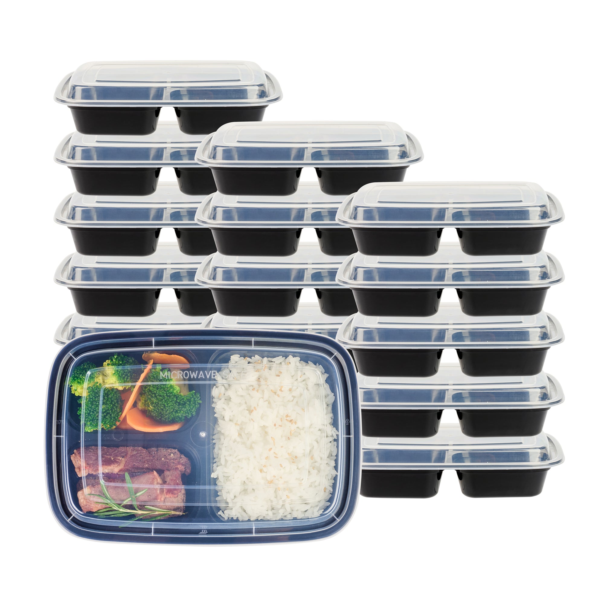 26 oz Black 3-Compartment Plastic Food Storage Containers with Clear Lids - Microwave Safe, 8.75