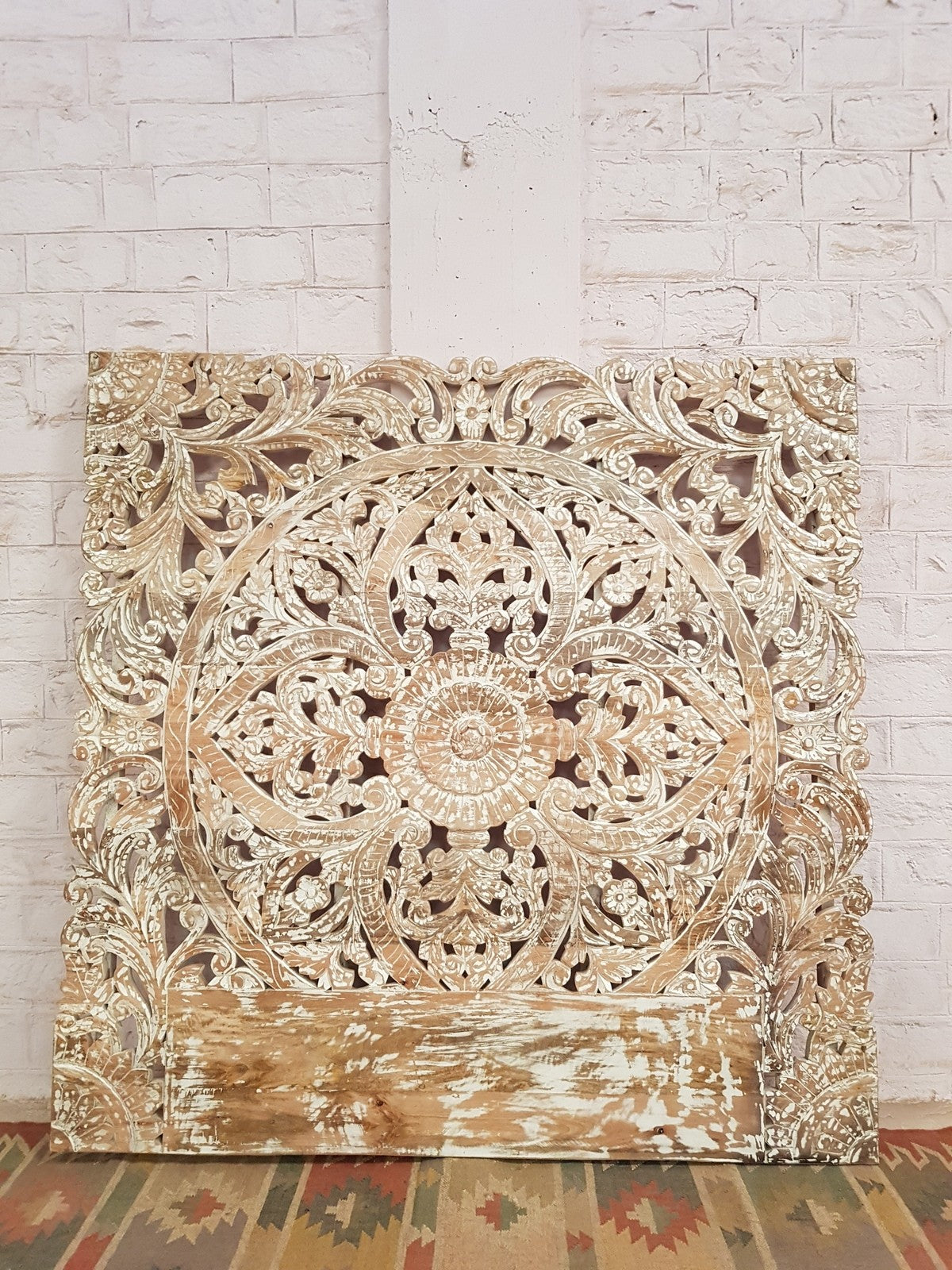 Hand Carved Indian Solid Wood Bed Panel - Floral Design, White Wash Finish (200x200cm) for Master Bedroom & Guest Room Decor