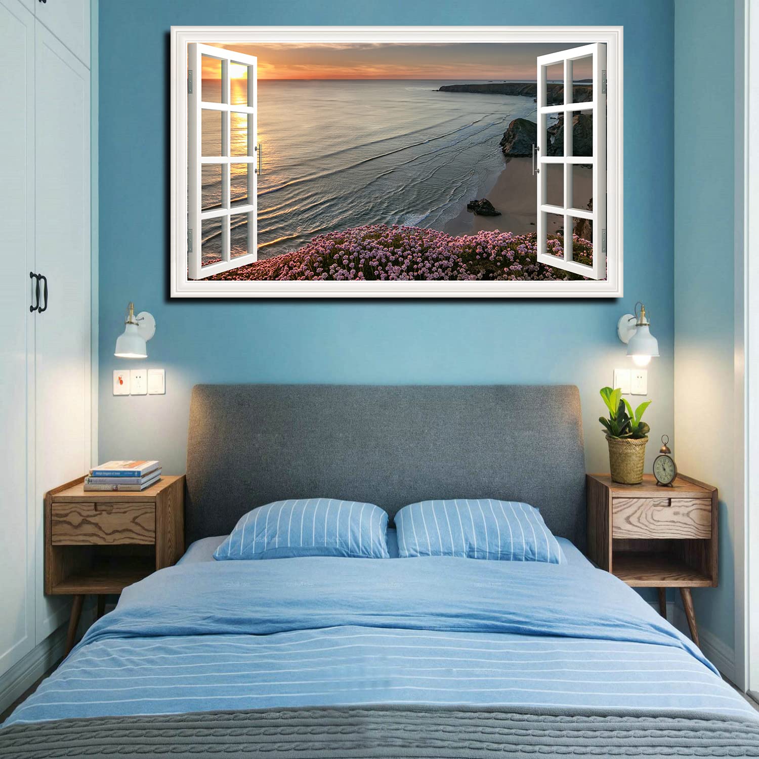 Stunning Beach Horizon Canvas Art - Fake Open Window Wall Decor - Framed Painting for Living Room, Office & Bedroom - Ready to Hang - Perfect for Coastal & Nautical Home Decor