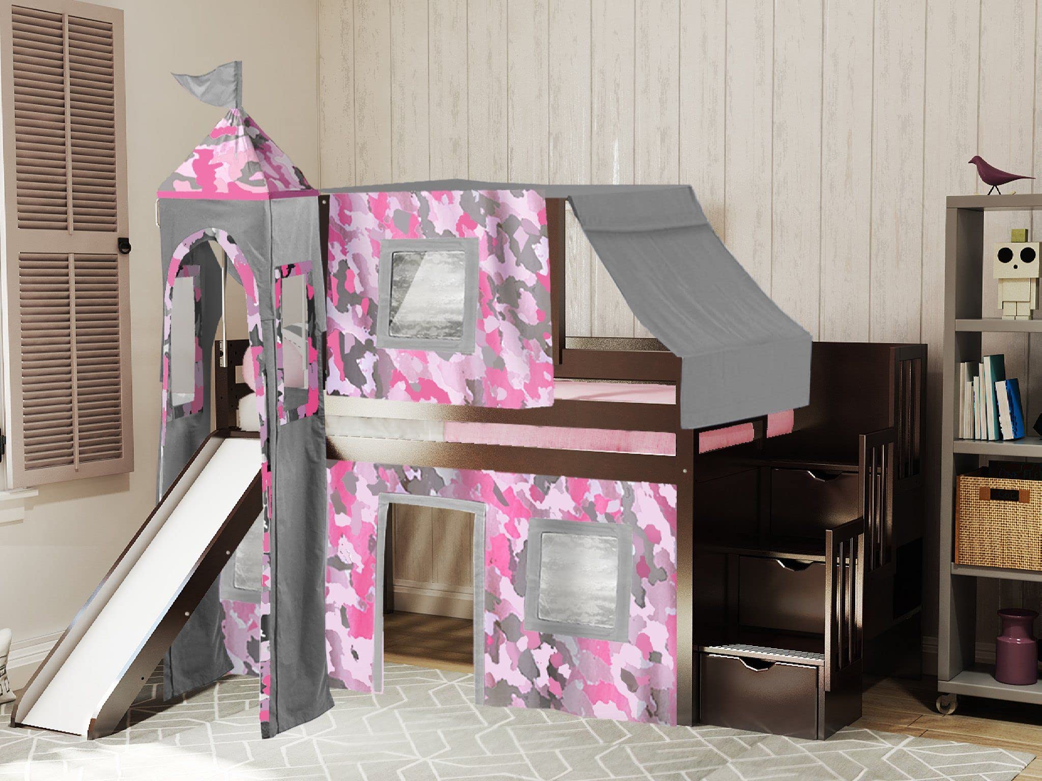Princess Low Loft Stairway Bed with Slide - Pink Camo Tent & Tower Twin Size Loft Bed in Cherry Finish | Perfect for Kids' Bedroom, Playroom & Small Spaces