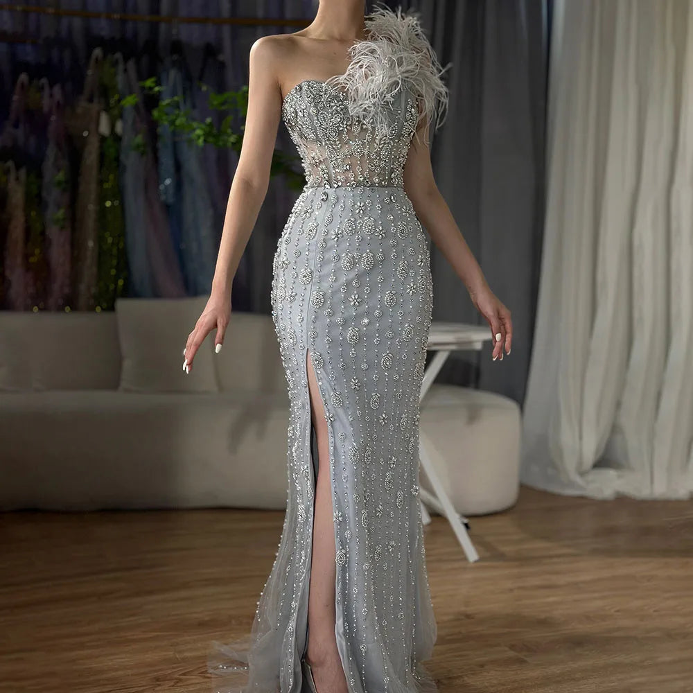 Elegant Gray Mermaid One Shoulder Beaded Feather Evening Gown for Women - High Slit Luxury Party Dress for Prom, Gala & Special Occasions - Serene Hill Collection LA72347