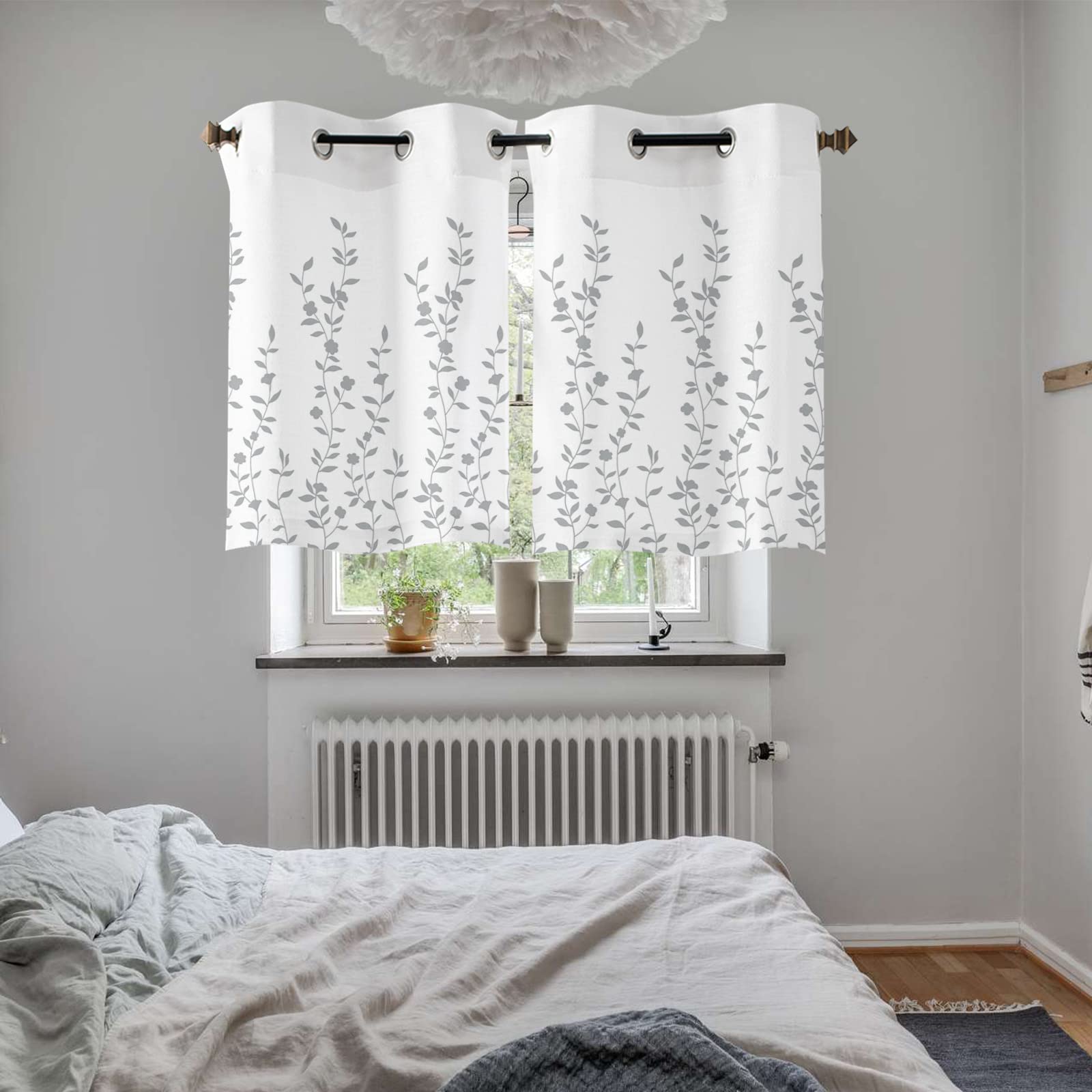 White and Grey Floral Window Curtains - 39 Inch Length, 2 Panel Grommet Kitchen & Cafe Curtains for Living Room, Bedroom, Laundry Room - Light Filtering Summer Flower Plant Drapes for Home Decor & Window Treatment