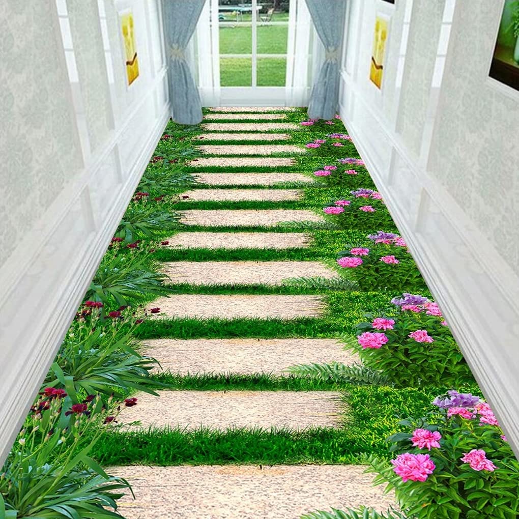 Stone Texture Grass Green Flowers Pattern Washable 3D Illusion Soft Runner Rug 3x10 Feet - Non-Slip Long Area Carpet for Bedroom, Living Room, Kitchen, Laundry, Home Office & Entryway - Perfect for High Traffic Areas & Cozy Home Decor