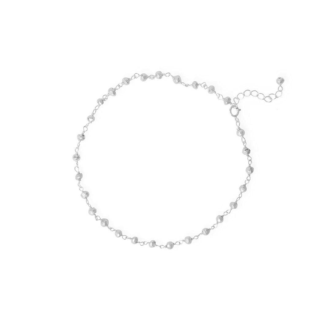 925 Sterling Silver 9.5 Inch + 1 Inch Extension Adjustable Beaded Anklet with 3.3mm Pyrite Beads - Elegant Women's Jewelry Gift for Everyday Wear, Beach Vacation & Boho Style Outfits