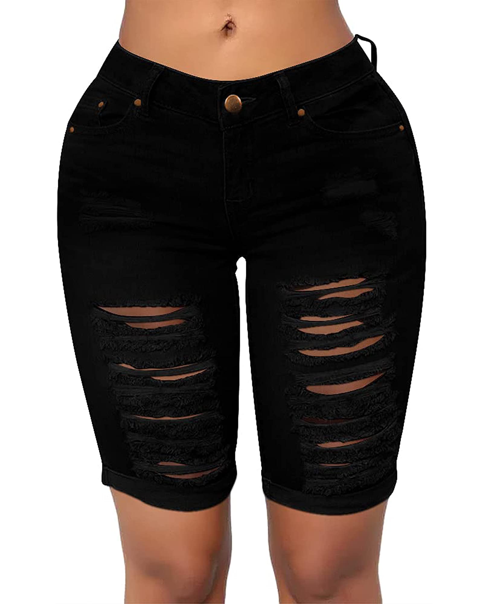 Roswear Women's Distressed Ripped Stretchy Denim Shorts - Knee Length High Waist Jean Shorts for Summer Casual Wear, Beach Outings & Street Style Fashion