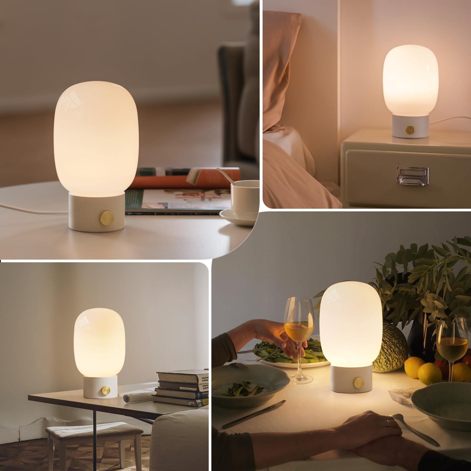 ONEWISH Modern Dimmable Table Lamp with Warm LED Bulb - Adjustable Rotary Switch Glass Nightstand Light for Bedroom, Living Room & Office - Soft White Lighting for Reading, Relaxing & Decor