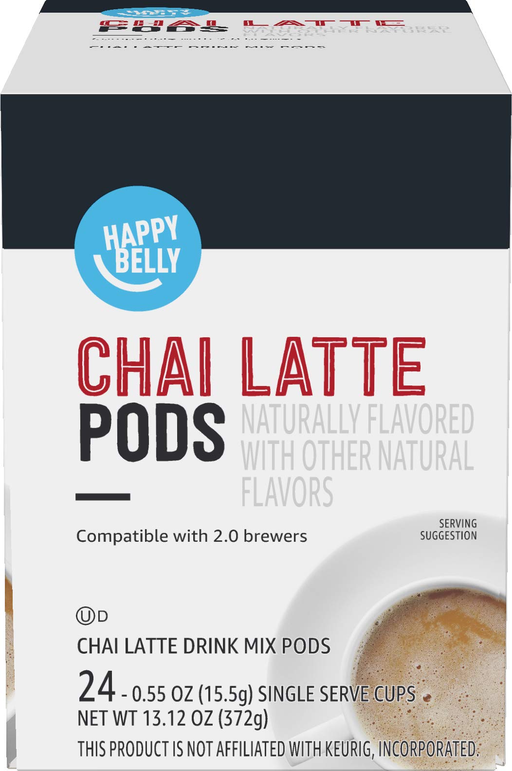 Happy Belly Chai Latte Tea Pods - 24 Count, Compatible with Keurig 2.0 K-Cup Brewers | Single Pack | Perfect for Morning Energy & Afternoon Relaxation at Home or Office