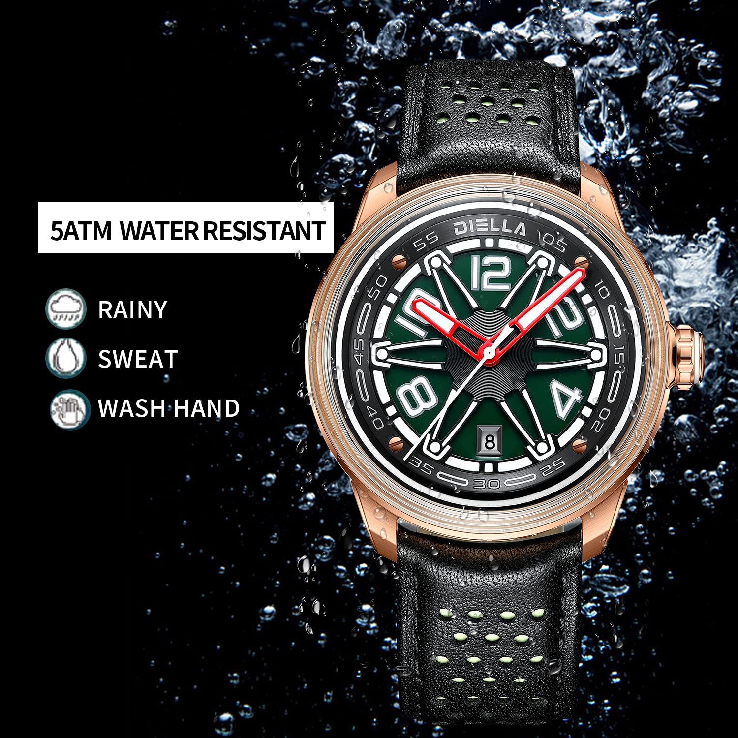 Diella Automatic Men's Watch - Black Leather Strap, Mechanical Movement, Waterproof, Luminous Hands, Date Display (Model AD6029) | Perfect for Business, Formal Occasions & Everyday Wear