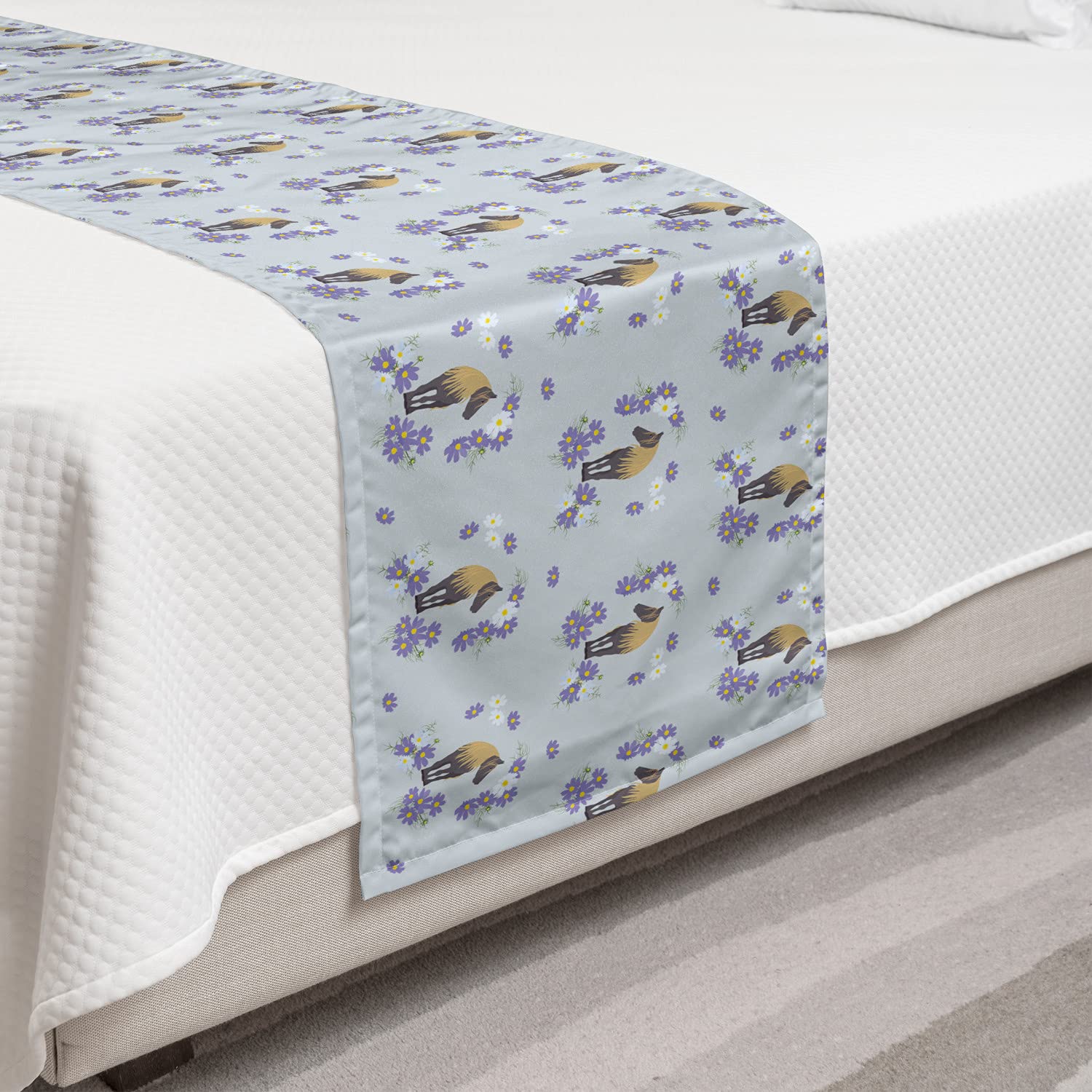 Ambesonne Horse Bed Runner Set with Floral Details - Animal Print Decorative Bedding Scarf & 2 Pillow Shams for Queen Bed - Lavender Blue Tan - Perfect for Home Decor, Hotel Styling, and Country-Themed Bedrooms