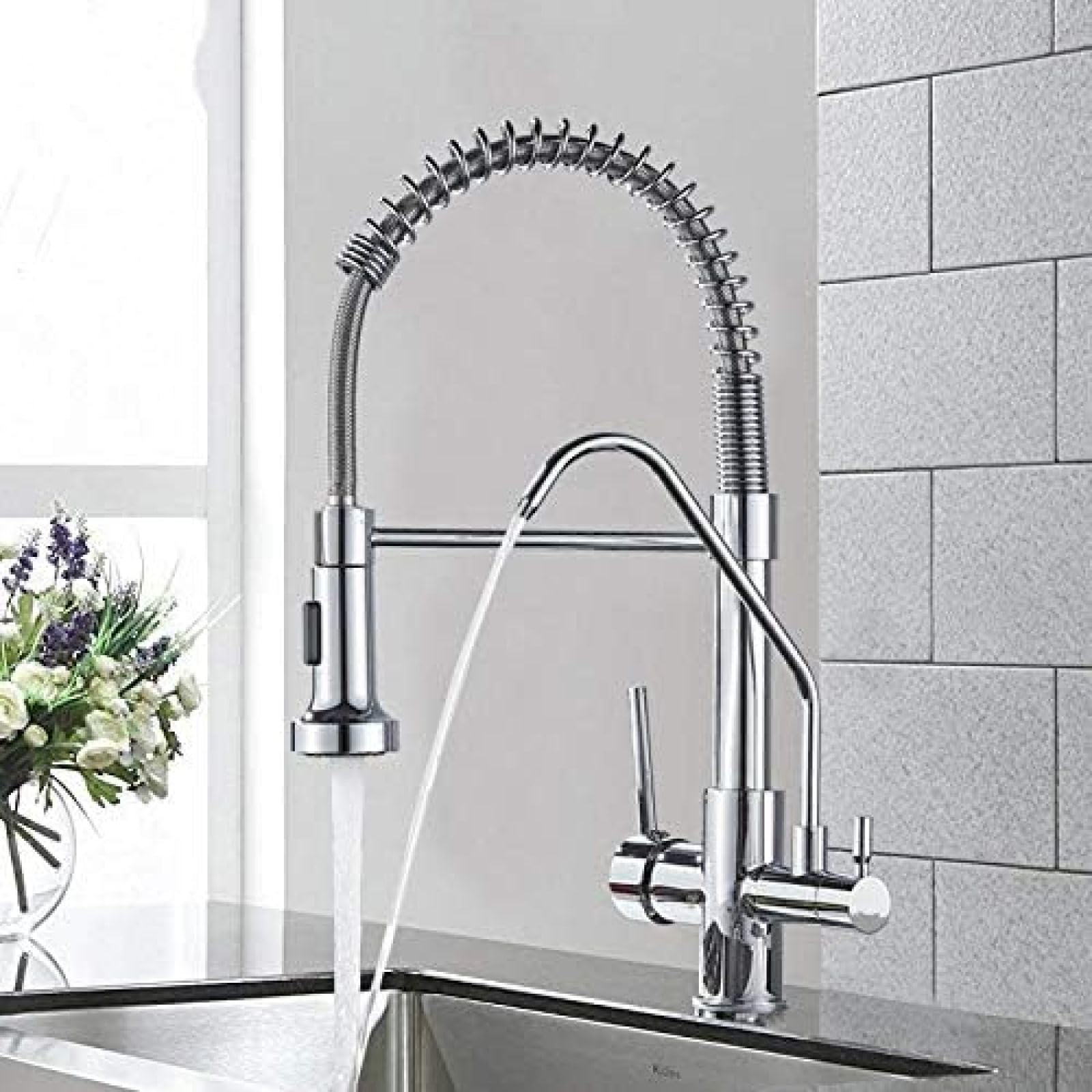 CRJUS Chrome Dual Handle Kitchen Faucet with Water Filter - 360 Degree Rotation Deck Mounted Mixer Tap for Pure Drinking Water | Perfect for Modern Homes, Restaurants & Water Purification Systems