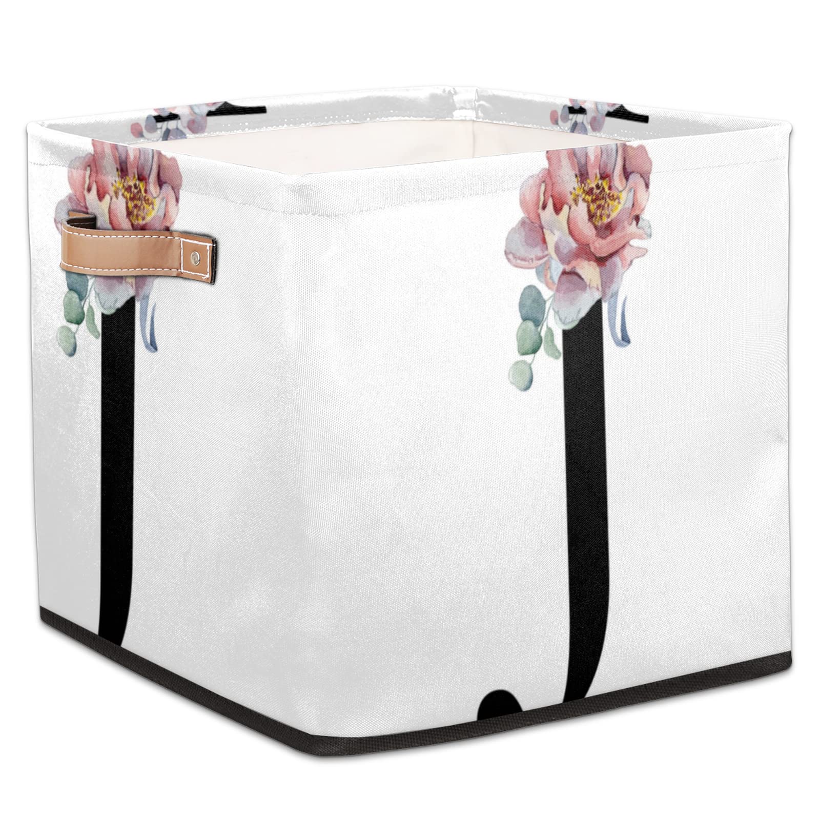Floral Monogram J Letter 13x13x13 Inch Large Fabric Storage Cubes | Collapsible Organizer Bins with Leather Handles | Perfect for Closet, Shelves, Nursery & Home Organization