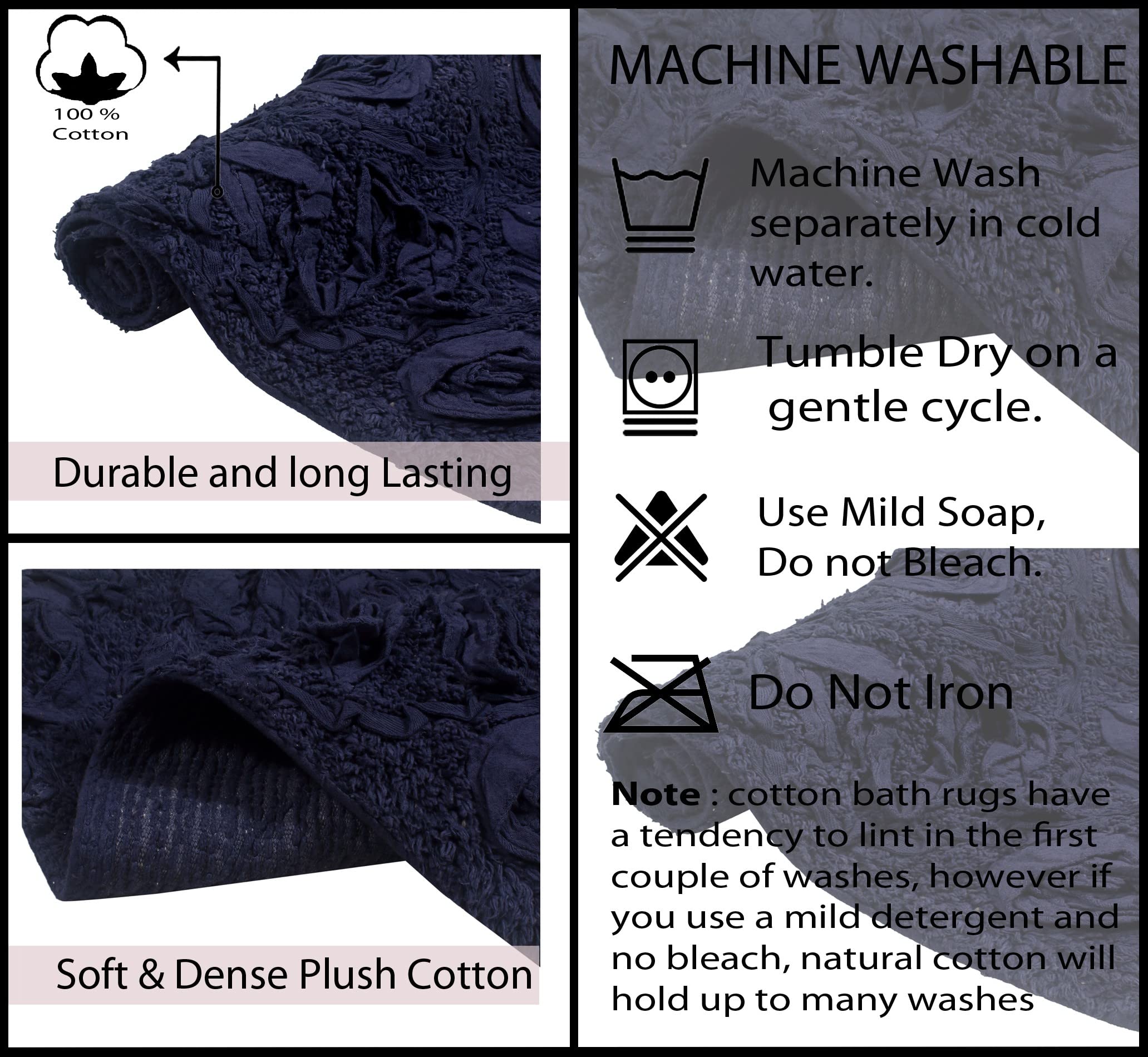Premium 100% Cotton Bath Rug Set - 5 Piece Non-Slip, Washable & Super Absorbent Bathroom Mats for Bathroom & Kitchen Floor - Soft Contour Design in Navy Blue - Perfect for Bathroom Safety & Home Decor