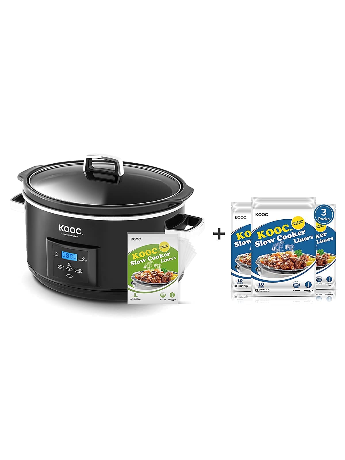KOOC 8.5-Quart Programmable Slow Cooker with Bonus Liners - Digital Temperature Control, Upgraded Ceramic Pot, Healthy Cooking & Nutrient Preservation | Includes 5 Free Liners + 30-Pack Liners Bundle | Perfect for Family Dinners, Meal Prep & Holiday Cooking