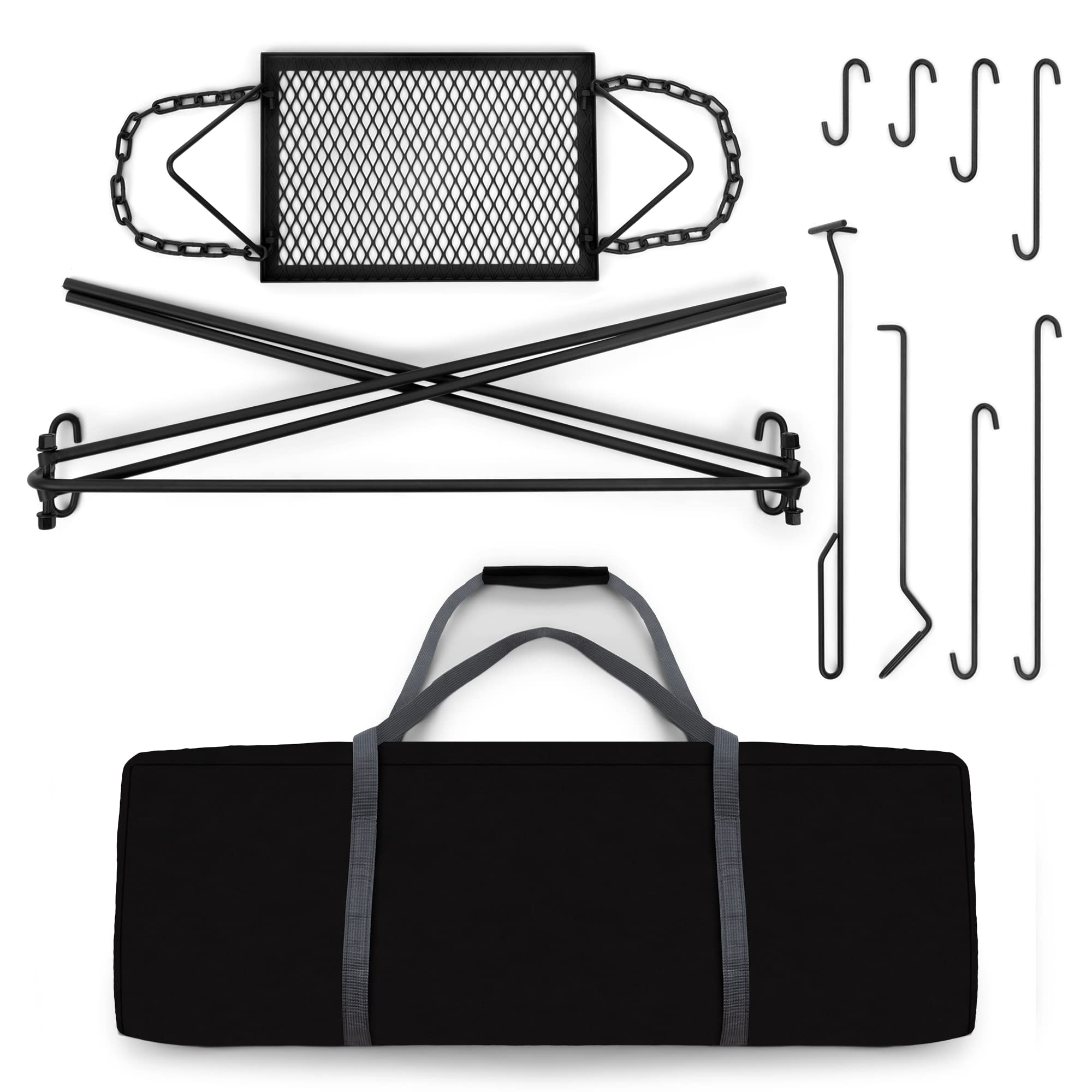 Bruntmor Adjustable Campfire Grill Stand - Portable Swing Cooking Tripod for Dutch Oven & BBQ, Collapsible Legs with Hooks, Accessories & Carry Case (Black) - Perfect for Outdoor Camping, Backyard Grilling and Picnic Cooking