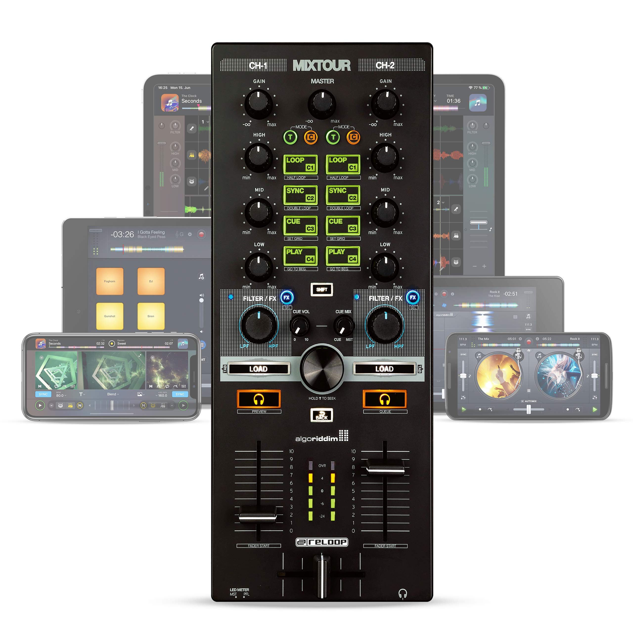 Reloop Mixtour DJ Controller & Audio Interface - Compatible with iOS, Android, Mac for DJ Software like djay Pro - Perfect for Mobile DJing, Home Studios & Live Performances