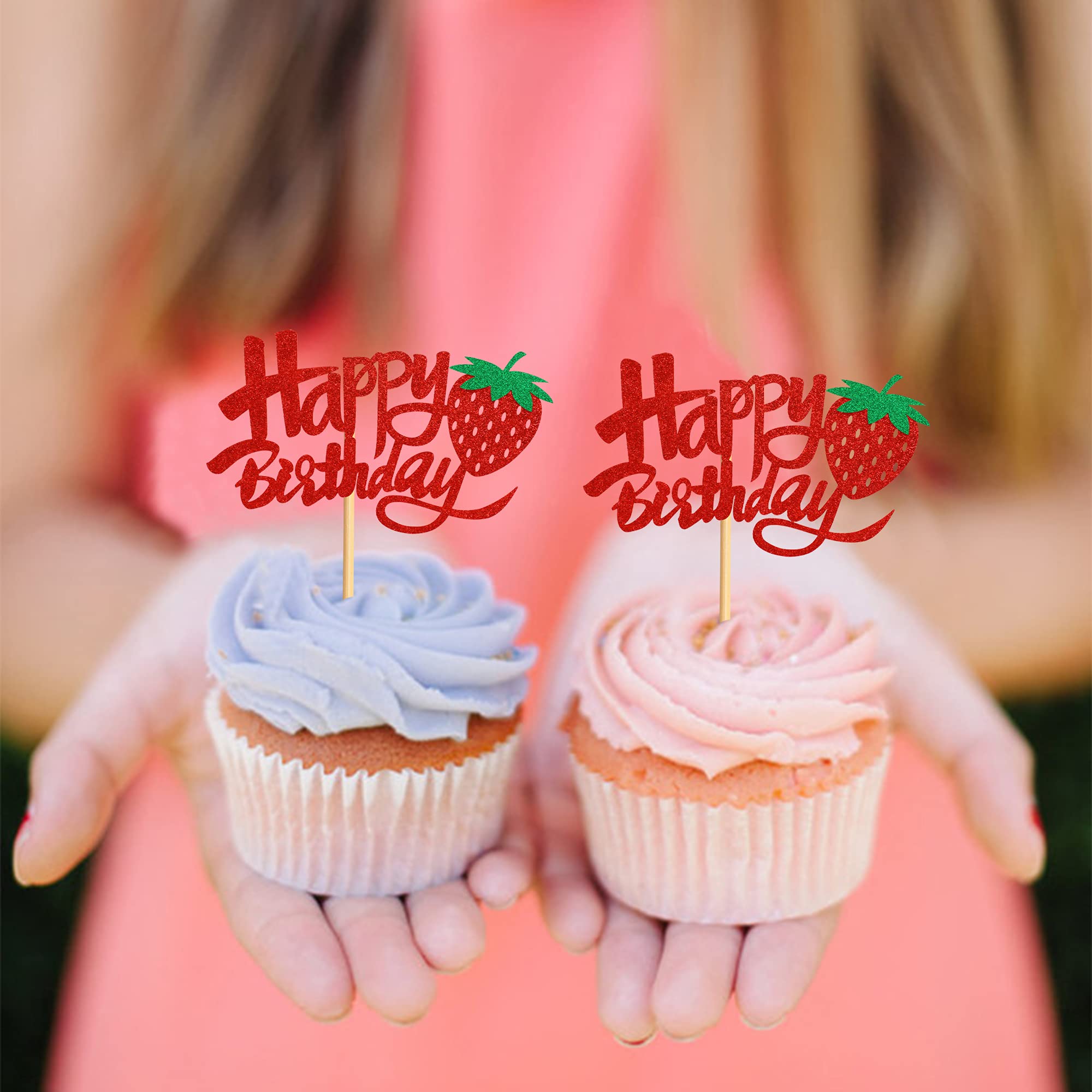 36 Pack Red Strawberry Happy Birthday Cupcake Toppers - Fun Party Decorations for Girls & Boys Birthday Celebrations - Perfect for Cupcakes, Cakes, and Dessert Table Decor