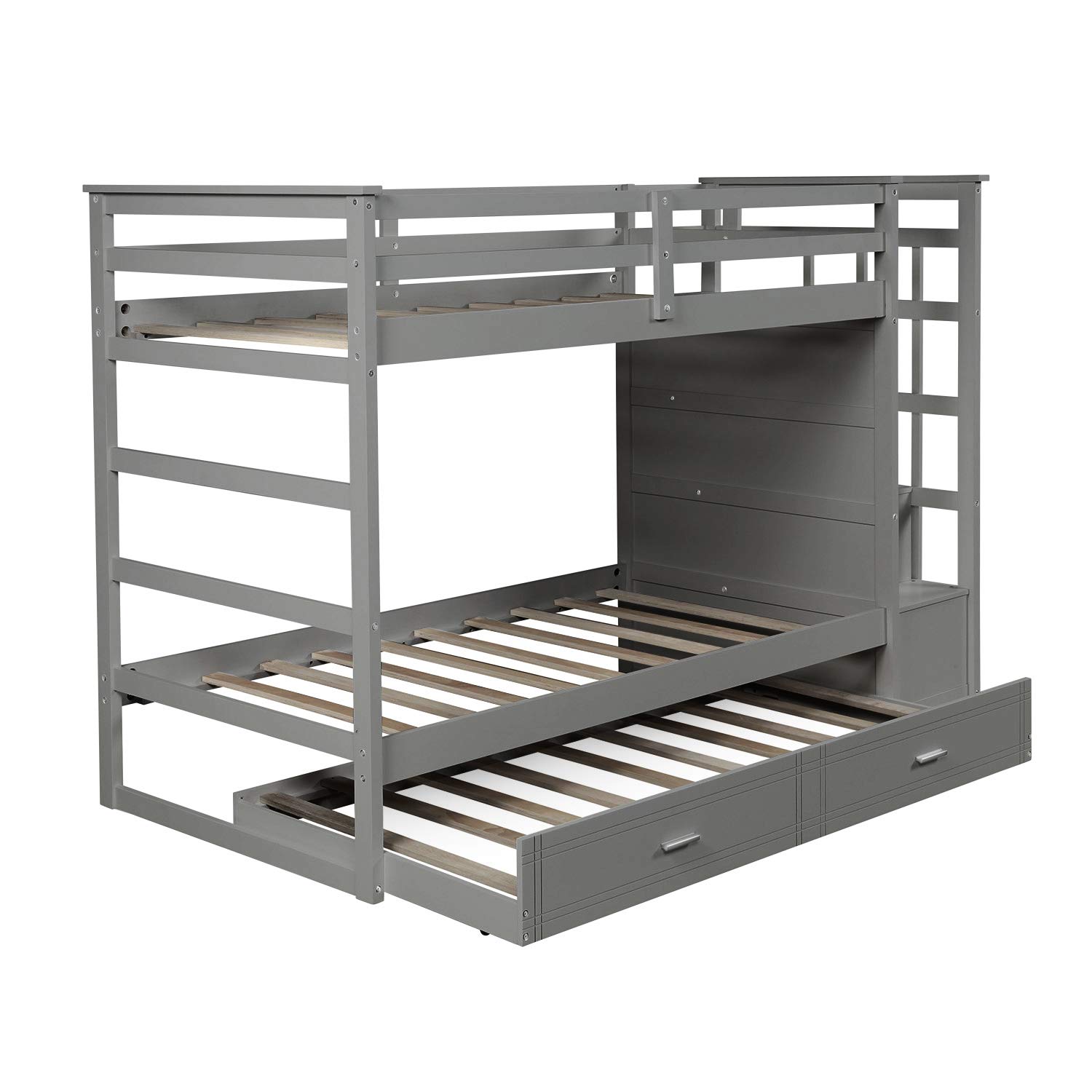 Kids Twin Over Twin Bunk Bed with Trundle - Solid Wood Bunk Bed Frame with Staircase, 4 Storage Drawers & Safety Guardrails - No Box Spring Needed (Gray) - Perfect for Small Bedrooms, Guest Rooms & Kids' Shared Spaces