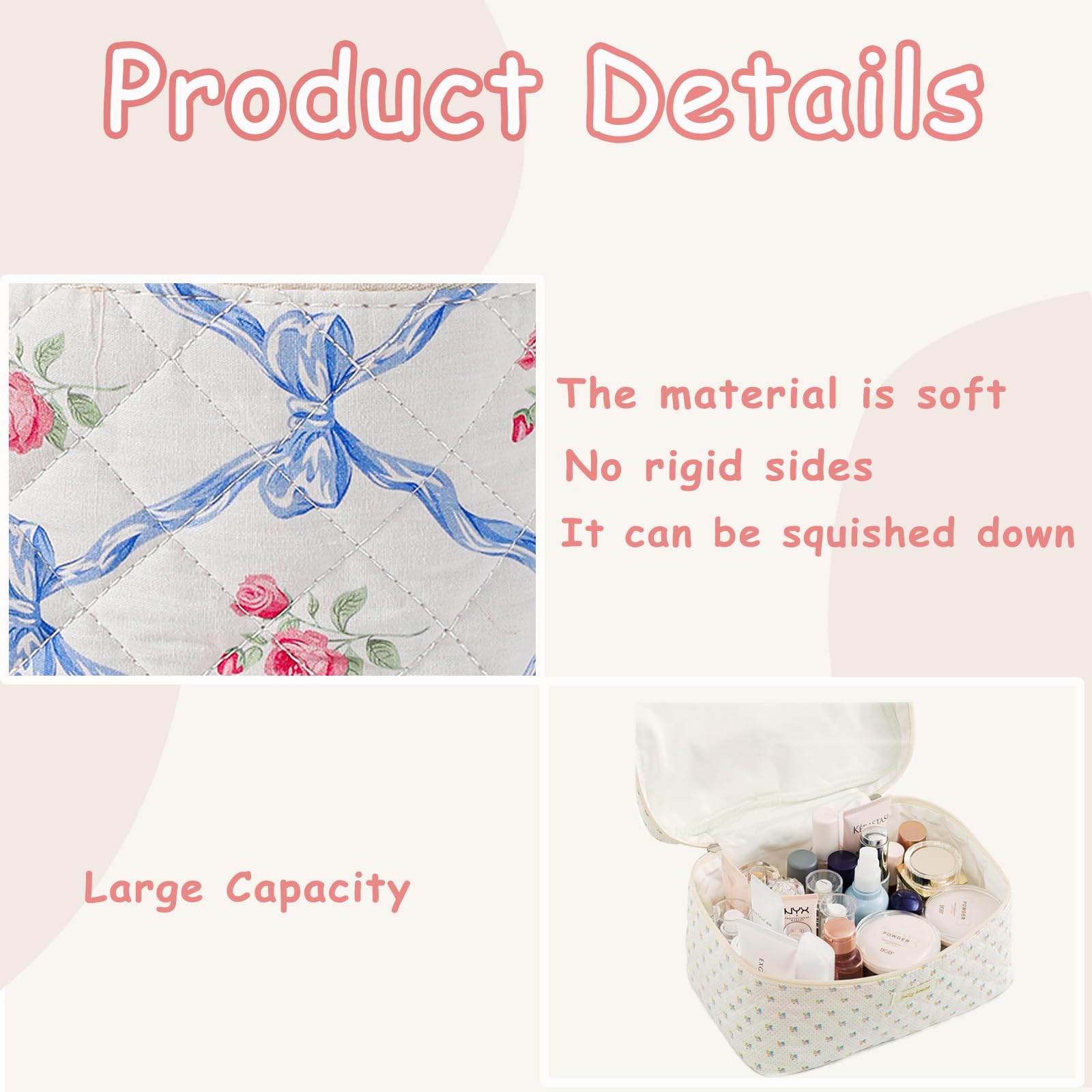 Large Quilted Makeup Bag for Women & Girls - Cute Floral Cotton Cosmetic Organizer - Aesthetic Travel Toiletry Pouch with Pink Bows - Perfect for Travel, Gym & Daily Beauty Essentials