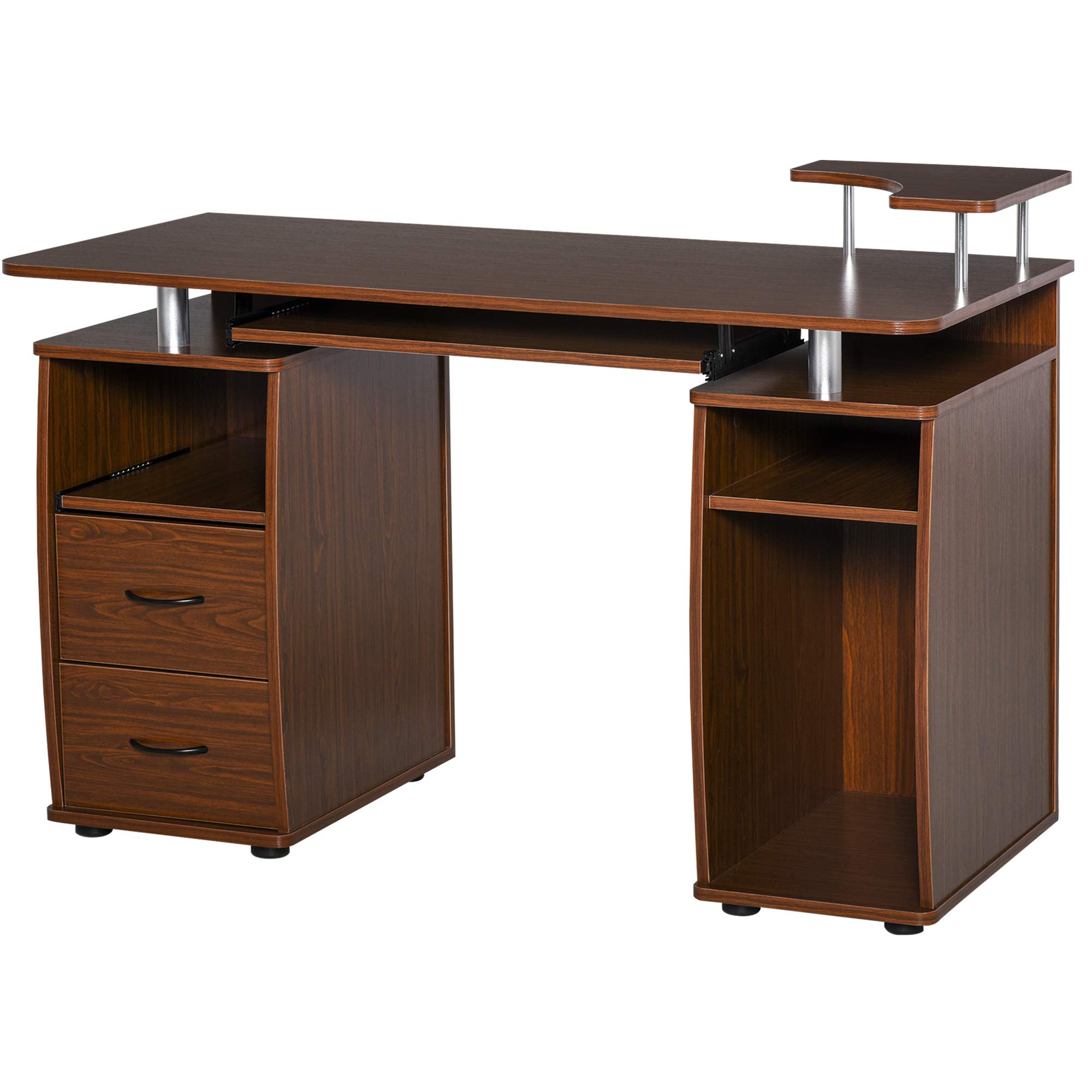 HOMCOM Multi-Function Computer Desk with Sliding Keyboard Tray, Elevated Shelf, Drawers & CPU Stand - Home Office Workstation in Brown | Perfect for Small Spaces, Gaming Setup & Remote Work