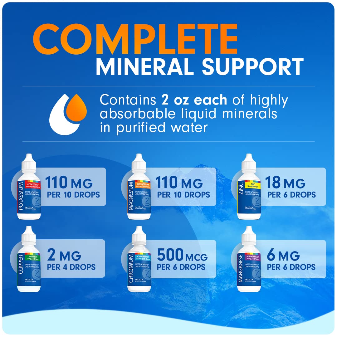 Lyte Balance Taste N' Score Liquid Minerals Kit - 6 Pack (2 oz Bottles) | 100% Pure Dietary Supplements with Potassium, Zinc, Manganese, Copper, Chromium & Magnesium | Boost Energy, Support Immunity & Enhance Metabolism for Active Lifestyles