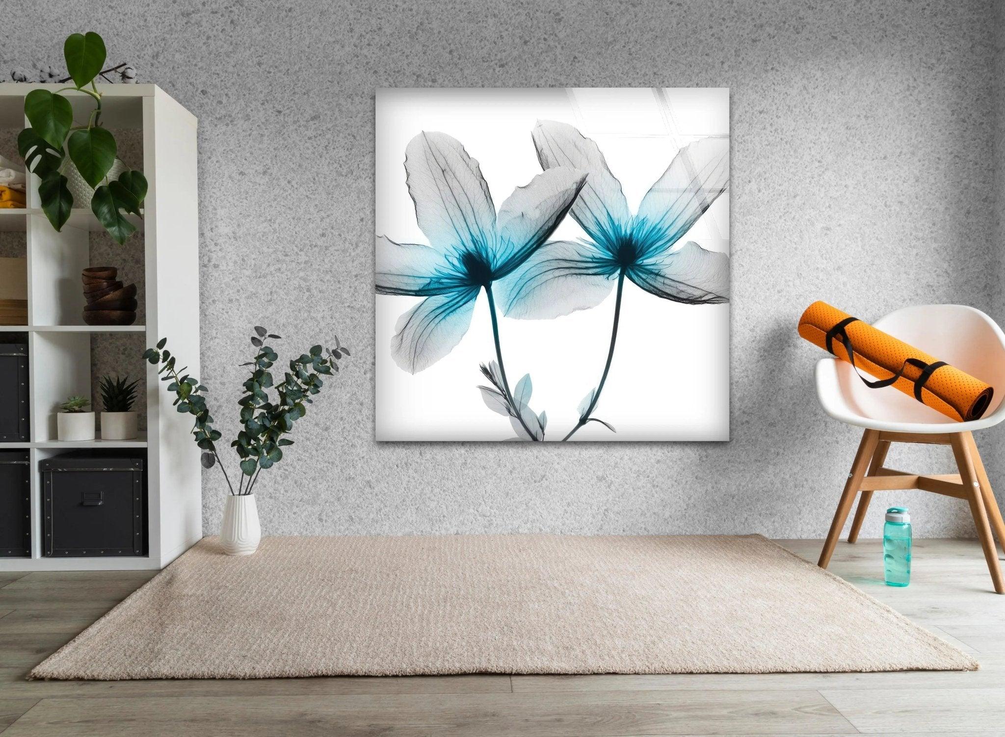 Albert Koetsier Blue X-Ray Flower Glass Wall Art - Modern Home Decor for Living Room, Bedroom & Office - Unique Handmade Glass Artwork