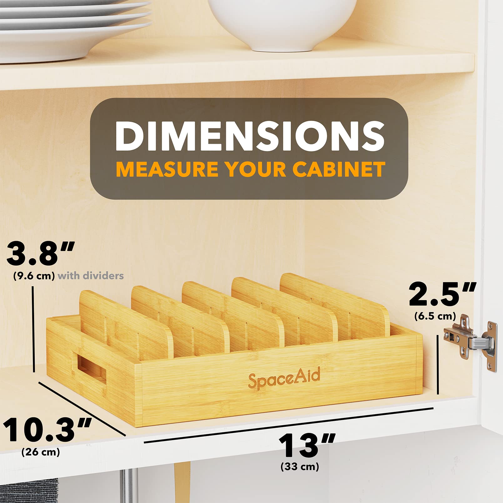 SpaceAid Bamboo Lid Organizer - 5 Adjustable Dividers Kitchen Cabinet Organizer for Food Storage Containers | Pantry & Cabinet Organization Solution for Pots, Pans & Plastic Container Lids