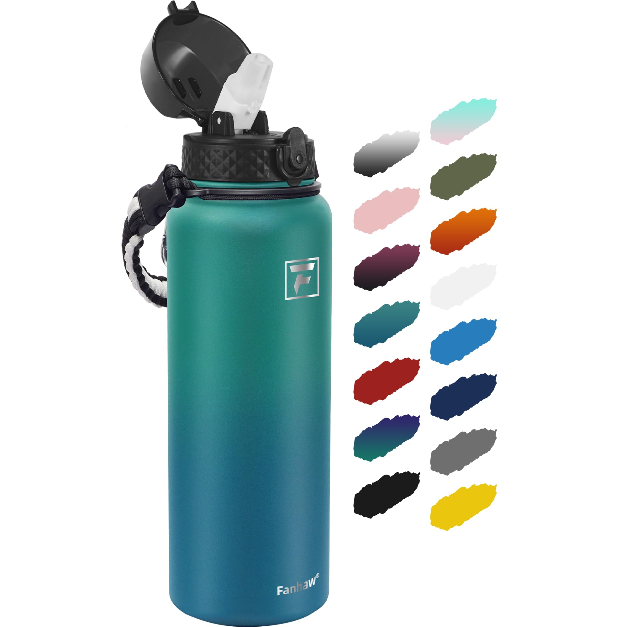 Fanhaw 40 Oz Stainless Steel Insulated Water Bottle with Straw - Leakproof & BPA Free - Keeps Drinks Cold 24Hrs/Hot 12Hrs - Perfect for Gym, Hiking, School & Outdoor Activities (Green Blue)