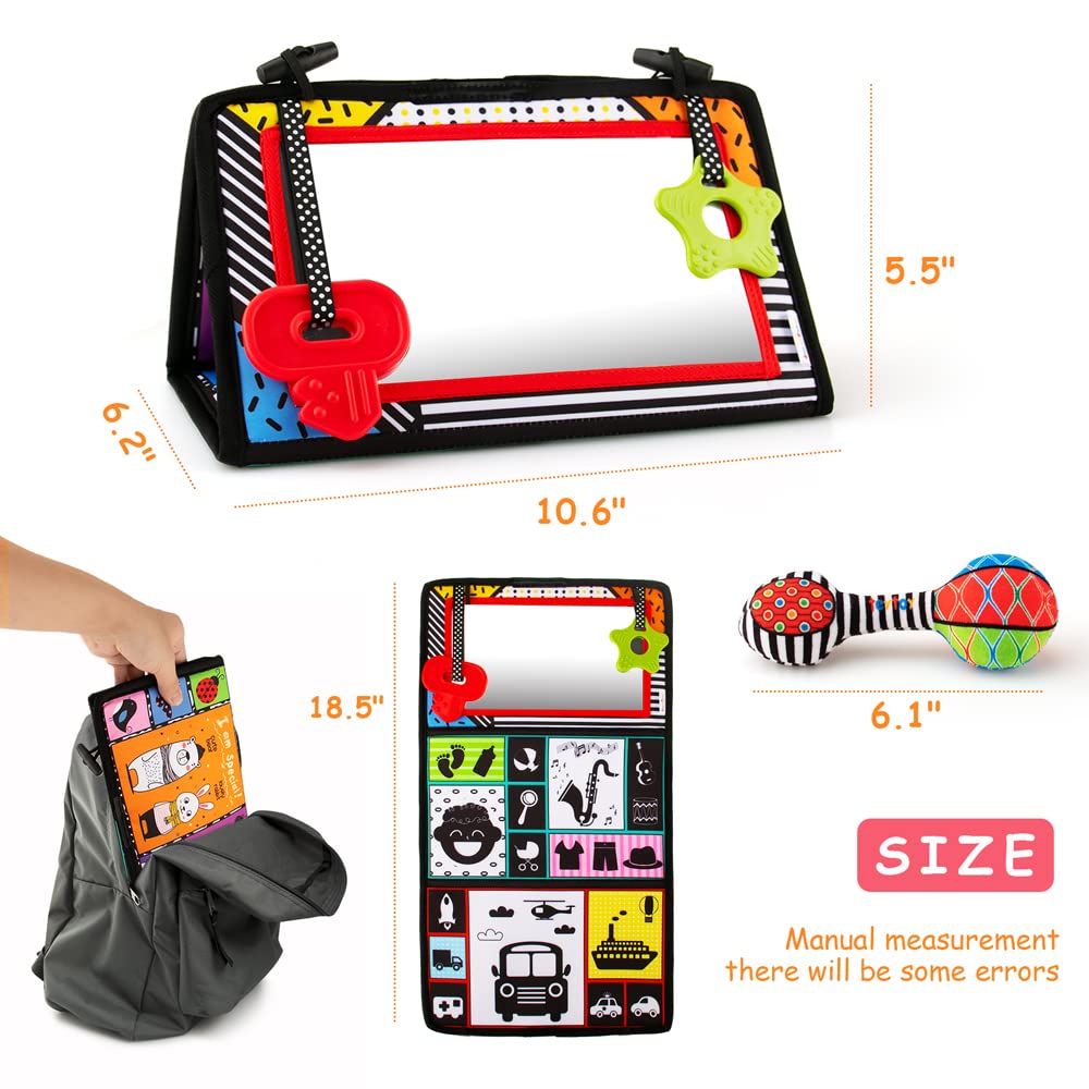 3-in-1 Tummy Time Mirror & Sensory Toy Set with Soft Crinkle Book, Teether, Rattle - High Contrast Black & White Montessori Baby Developmental Toys for Newborns 0-12 Months | Perfect for Crawling Practice, Sensory Stimulation & Early Learning
