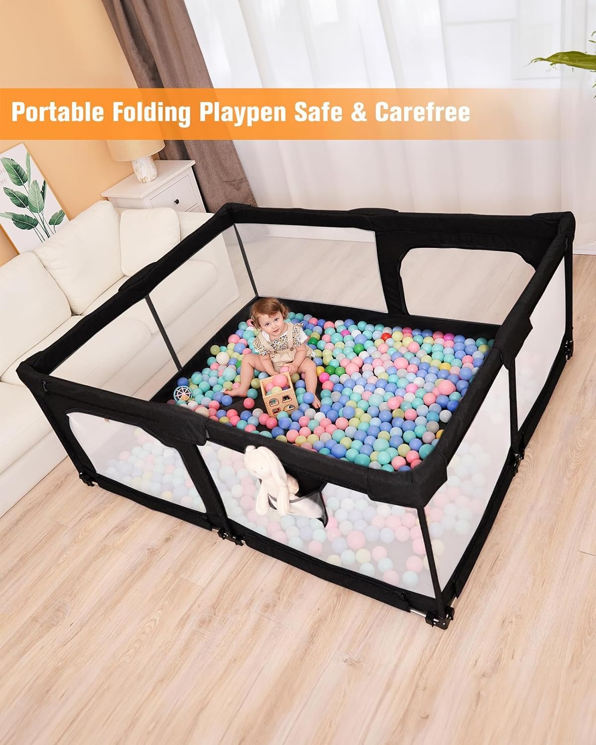 Foldable Baby Playpen - Extra Large Collapsible Play Yard for Babies & Toddlers with Safety Gate, Portable Travel Playpen for Indoor & Outdoor Use, Black 51