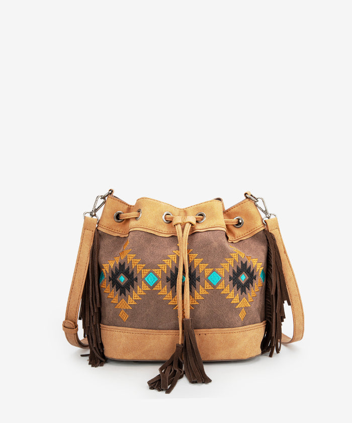 Montana West Aztec Fringe Bucket Bag Set for Women - Stylish Leather Crossbody Purse with Adjustable Strap, Perfect for Travel, Shopping & Everyday Use