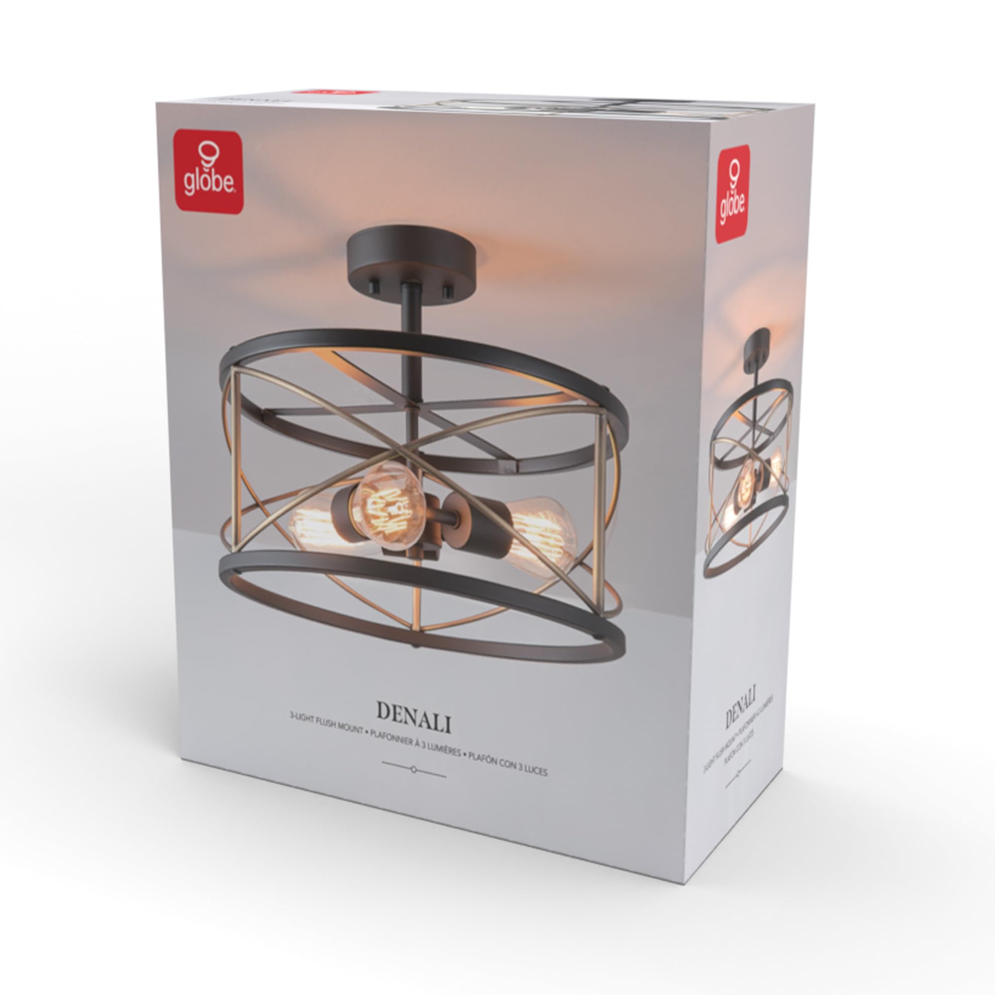 Globe Electric 60869 Denali 3-Light Flush Mount Ceiling Fixture in Matte Black with Brass Accents - Perfect for Bedroom, Hallway, and Entryway Lighting
