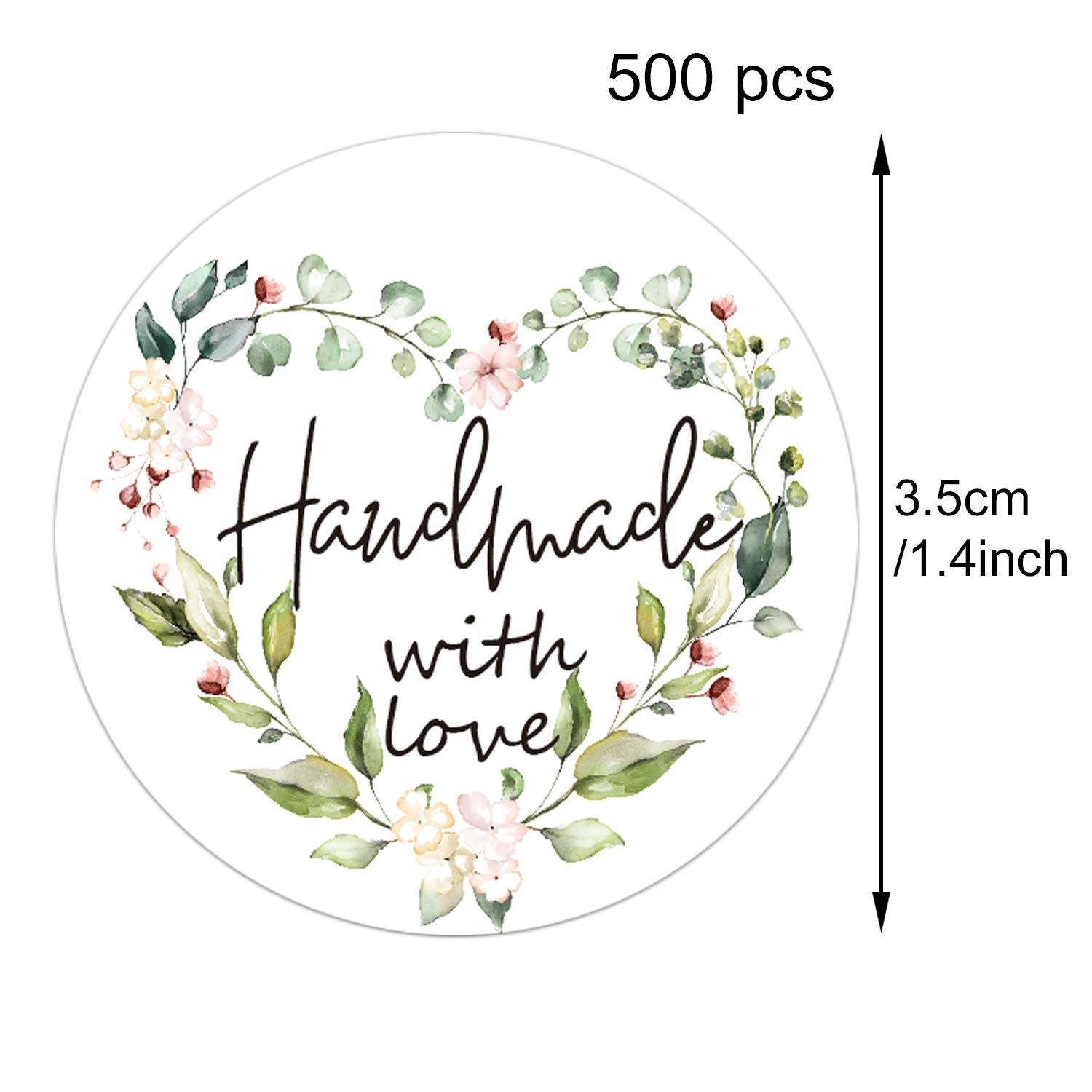 500 Handmade Greenery Stickers - 1.4 Inch Round Adhesive Labels for Packaging, Baking & DIY Crafts | Eco-Friendly, Homemade with Love | Perfect for Gift Wrapping, Scrapbooking & Party Decorations