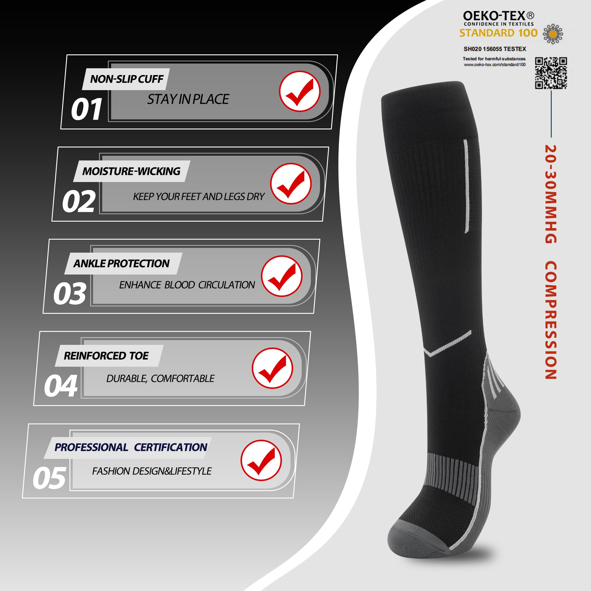 Fenglaoda Graduated Compression Socks for Women & Men - 3 Pairs Medical Support Socks for Circulation, Nurses, Running & Travel - Improve Blood Flow for Long Shifts & Active Lifestyles