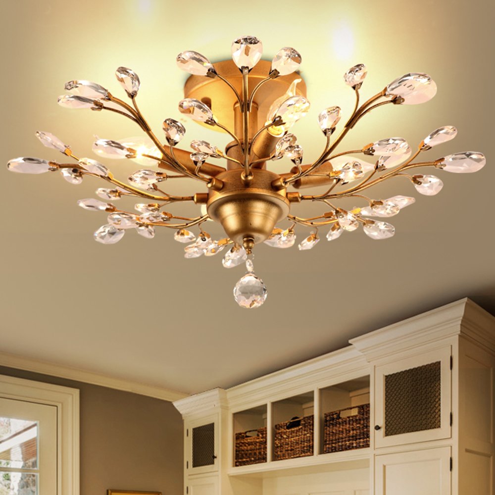 Vintage Crystal Branch Chandelier - 4-Light Flush Mount Ceiling Fixture with Tree Leaves Design for Dining Room, Bedroom & Living Room Lighting