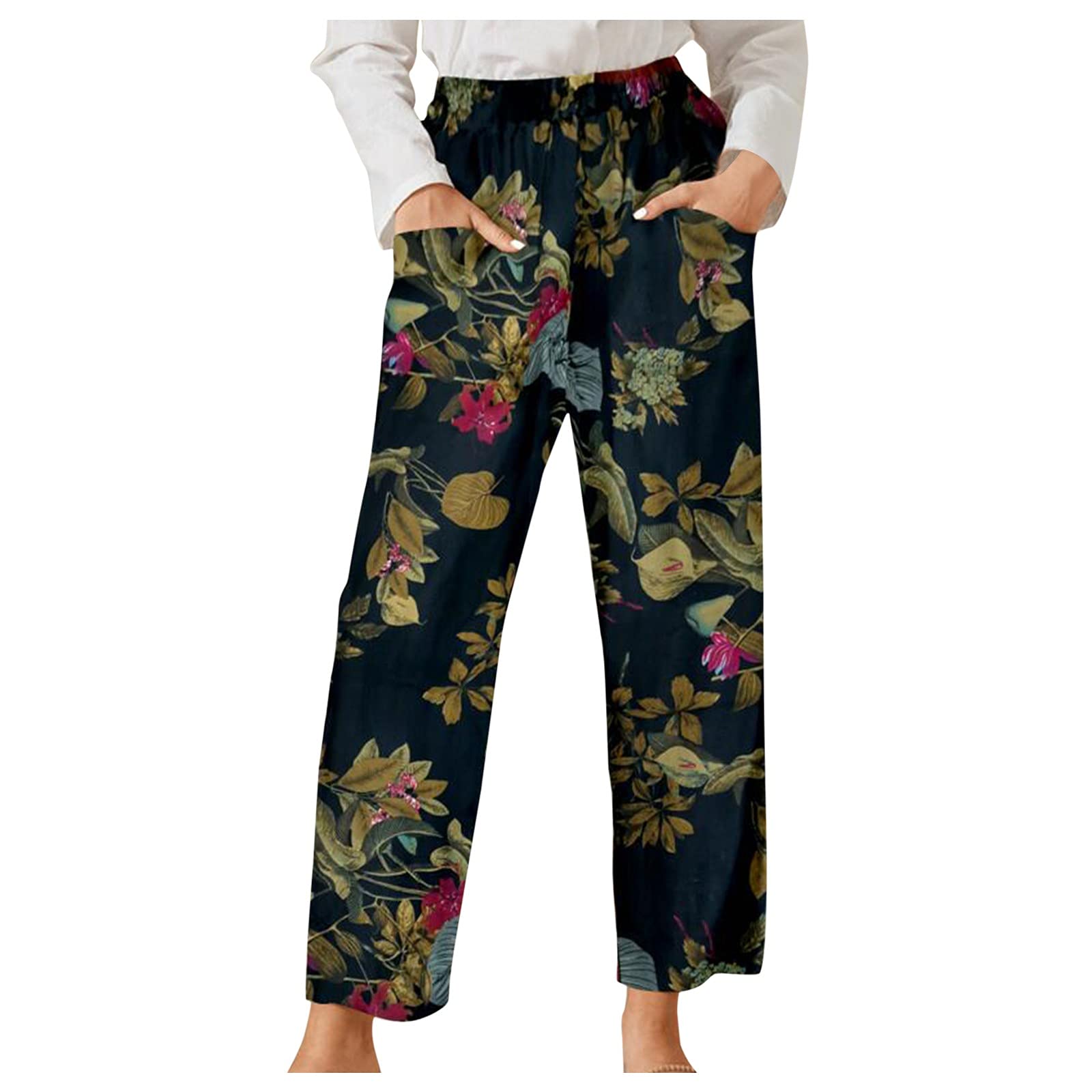 Plus Size Linen Wide Leg Pants for Women - Floral Printed Retro High Waist Elastic Pants with Pockets | Comfortable Casual Boho Pants for Summer, Travel & Beach