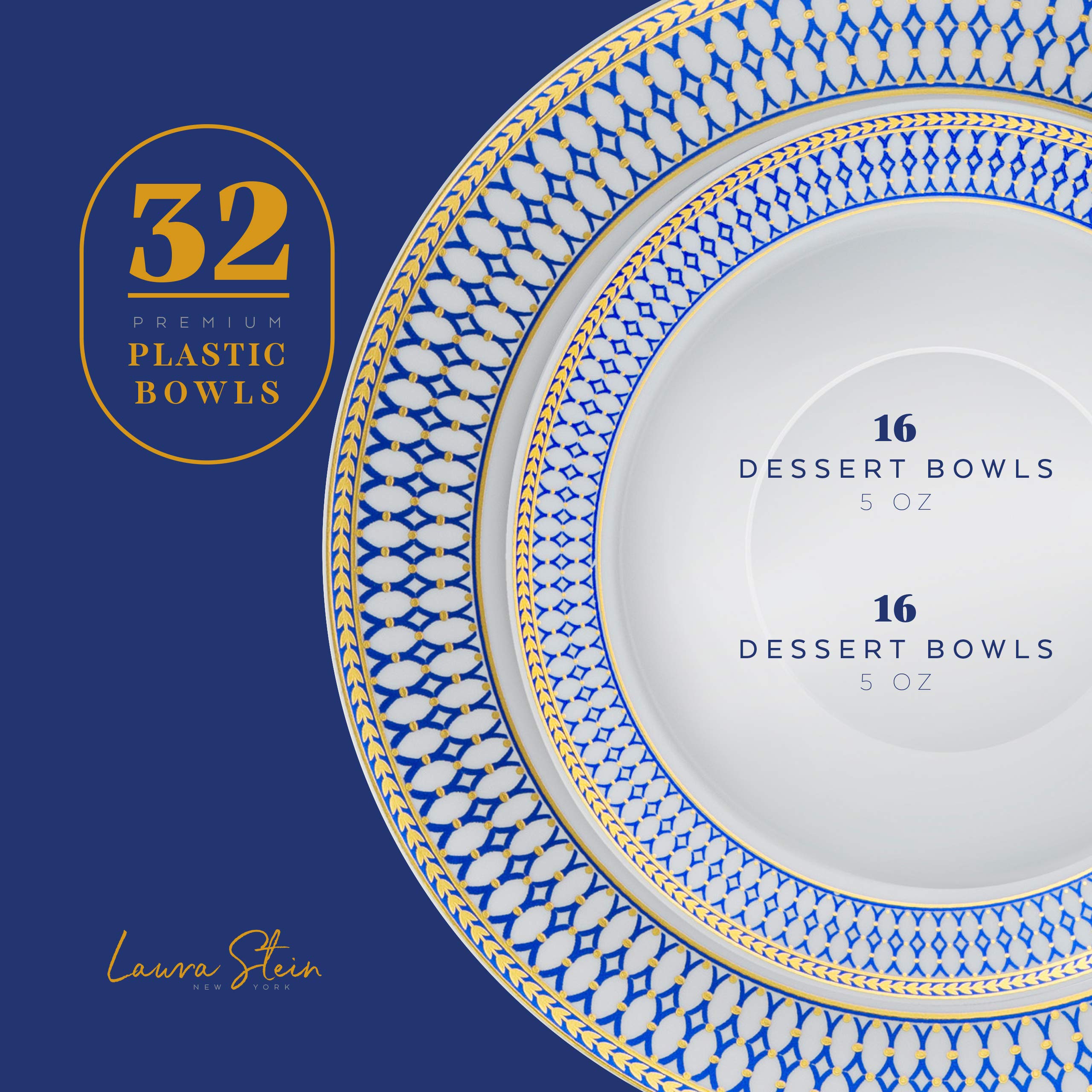 Laura Stein Elegant Disposable Plastic Dinnerware Set - 32 Piece White Wedding Bowls with Blue Rim & Gold Accents (16x12oz Soup Bowls + 16x5oz Dessert Bowls) | Perfect for Parties, Weddings, Catering & Special Events | Midnight Blue Collection