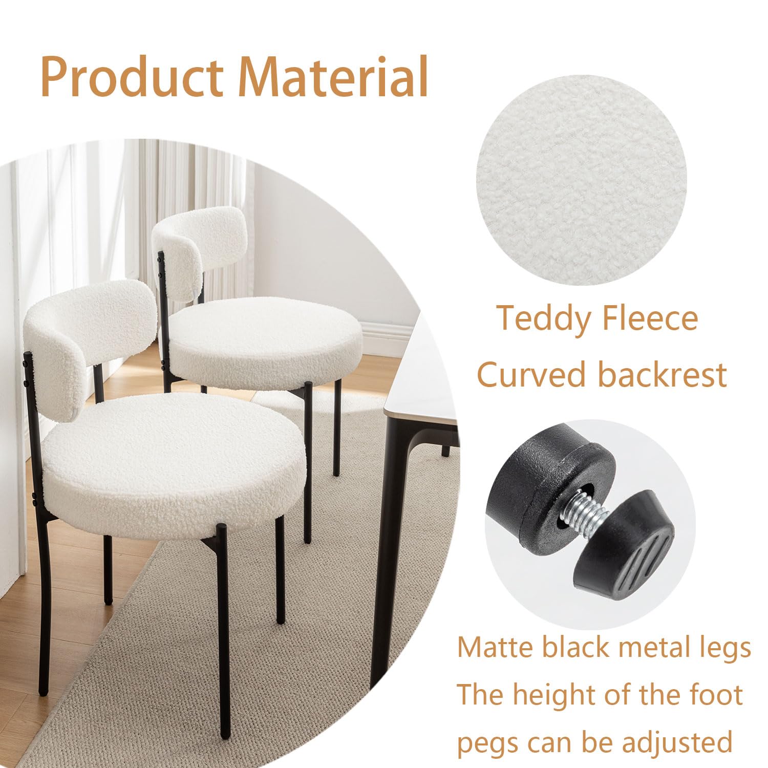 4 Pack Boucle Fabric Dining Chairs - Modern Round Upholstered Chairs with Black Metal Legs for Dining Room & Kitchen - White Velvet Accent Chairs Perfect for Home Decor, Breakfast Nook and Small Spaces