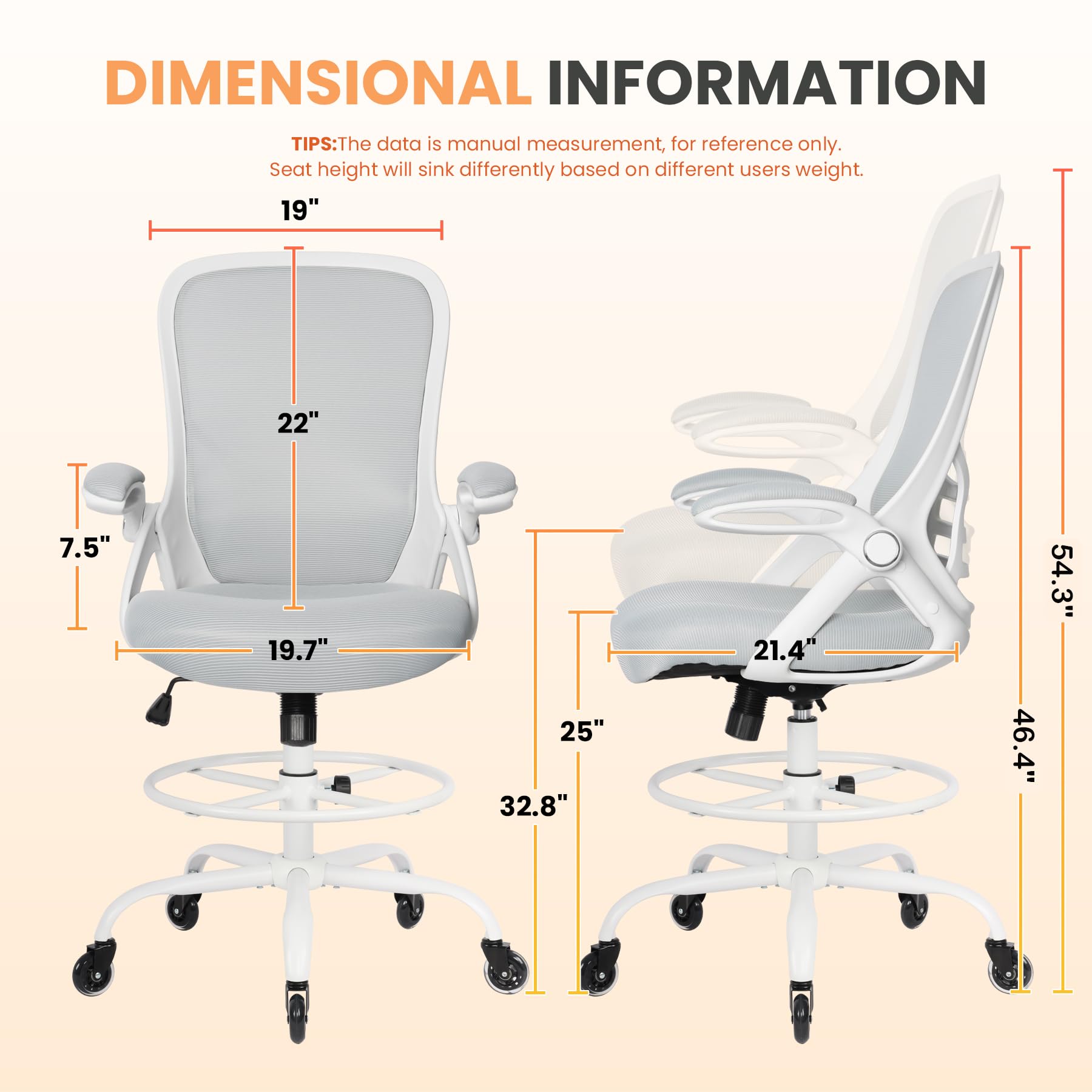HYLONE Adjustable Drafting Chair - Ergonomic Tall Office Stool for Standing Desks, Big & Tall Drafting Chair in White - Perfect for Architects, Designers & Home Office Workspaces
