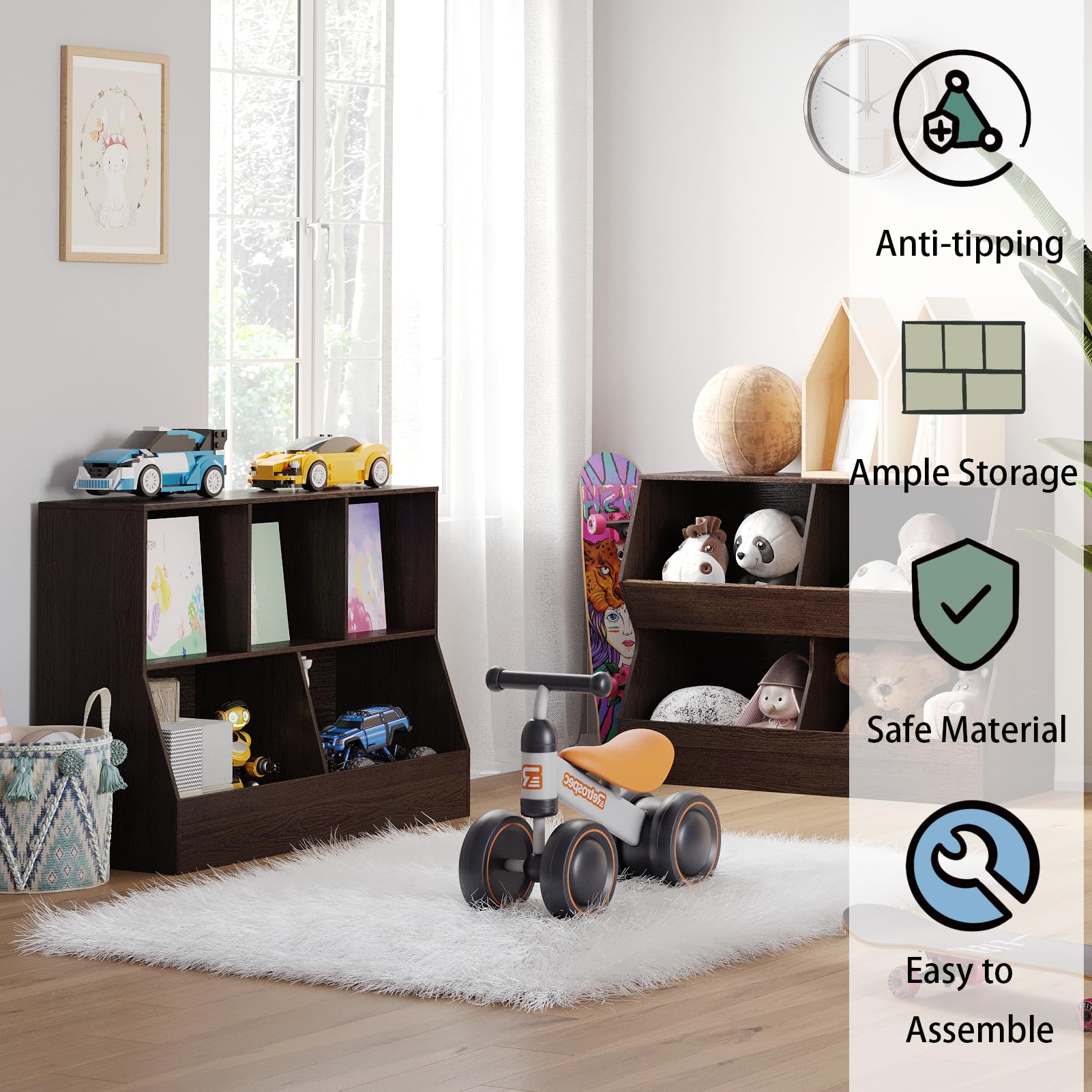 DINZI LVJ 5-Cubby Wooden Toy Storage Organizer & Kids Bookshelf - Espresso Finish, 39.4