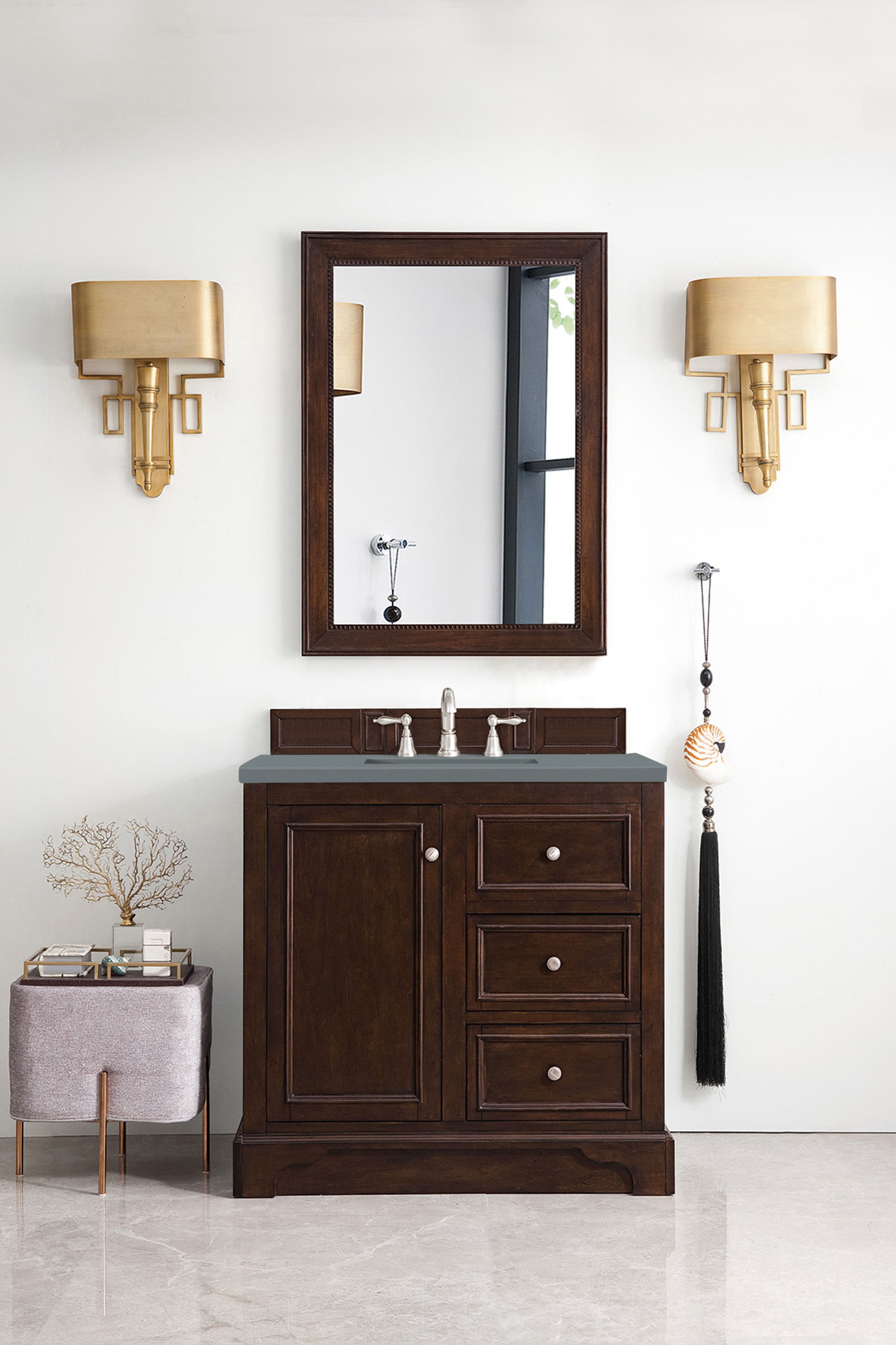 De Soto 36 Inch Single Bathroom Vanity with Burnished Mahogany Finish & 3CM Cala Blue Quartz Countertop - Perfect for Modern Master Bathrooms and Powder Rooms