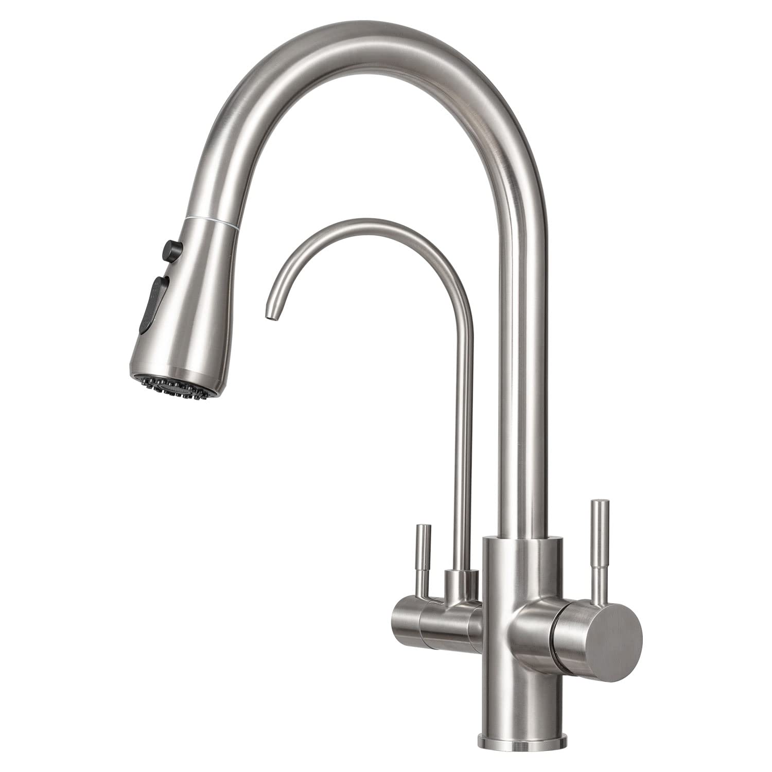 360° Swivel 3-Way Kitchen Faucet with Water Filter & Pull-Out Sprayer, Dual Handle for Hot and Cold Water, Stainless Steel - Perfect for Modern Kitchens and Easy Dishwashing