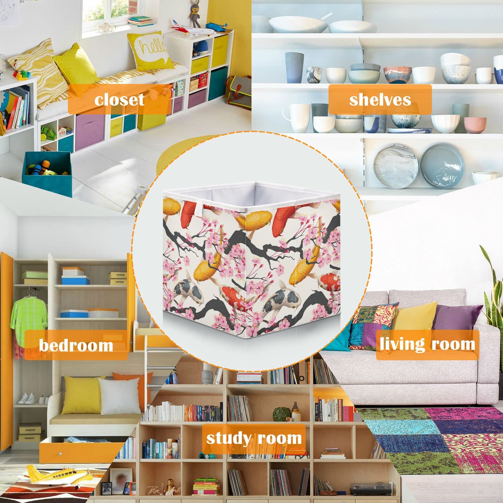Japanese Cherry Blossom Print Foldable Storage Bins - Yellow & Red Fish Design Collapsible Fabric Cube Organizer with Handles for Nursery, Closet, Shelves - Perfect for Kids' Toys, Home Organization & Seasonal Decor