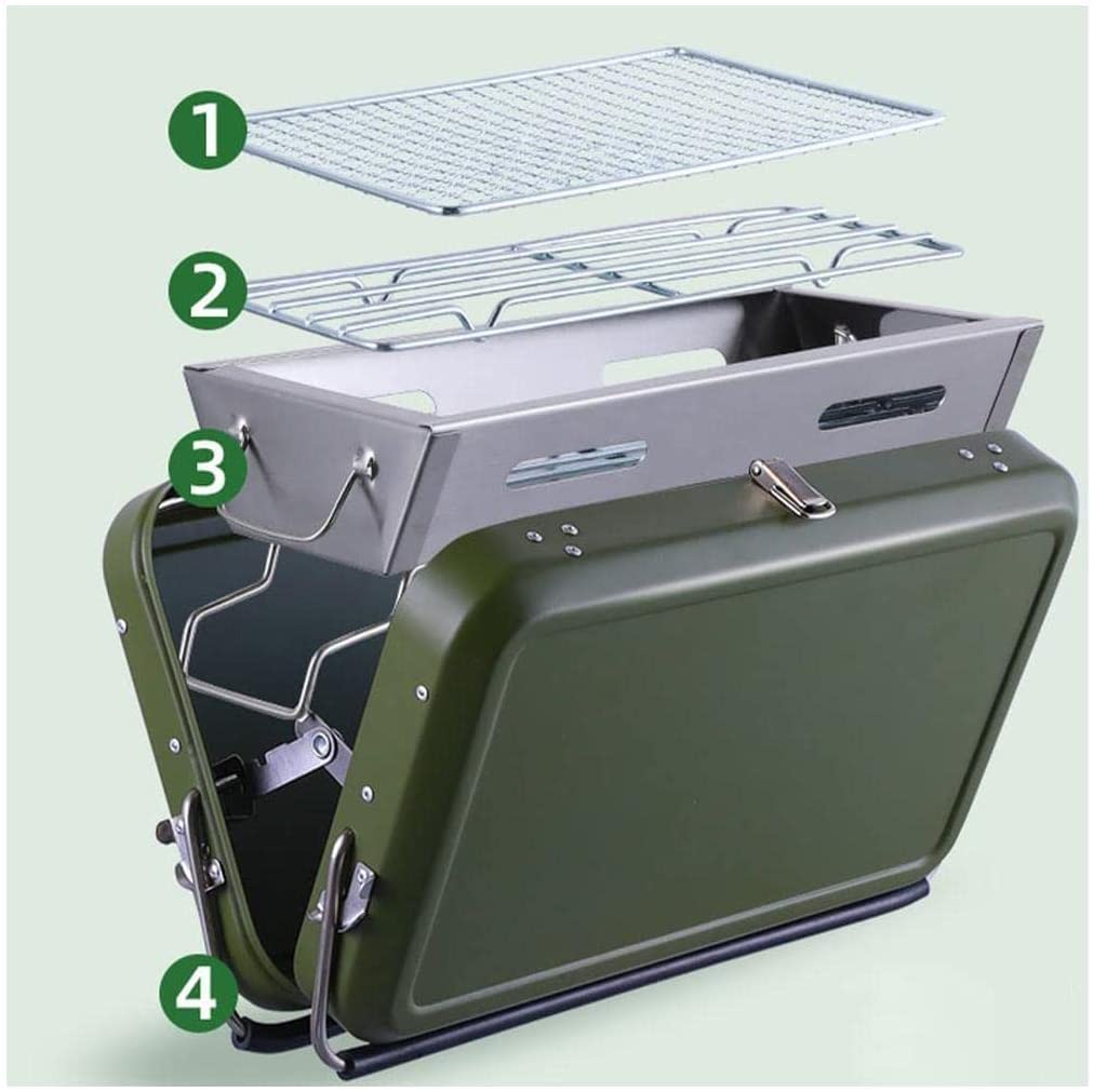 Portable Charcoal BBQ Grill - Small Cast Iron Outdoor Grill with Stainless Steel & Convenient Handle - Perfect for Camping, Picnics, Backyard Cookouts (Green)