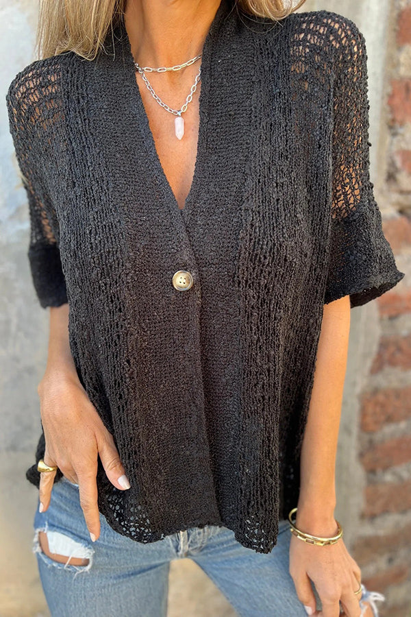 Solid Color Hollow Sleeve V-Neck Button Knitted Cardigan for Women - Lightweight Summer Cover Up for Office, Beach & Casual Outfits