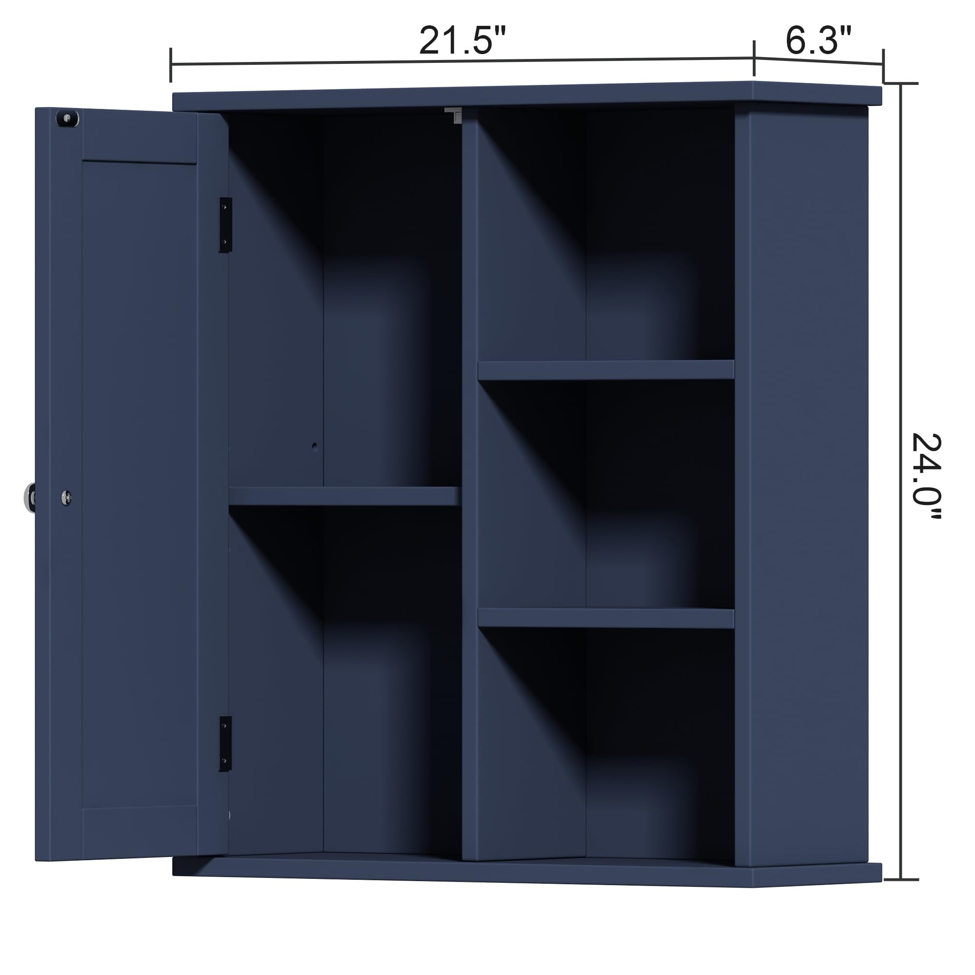 Treocho Wall Mounted Bathroom Medicine Cabinet with Door & 3 Open Shelves - Bathroom Storage Organizer for Toiletries, Kitchen Spices & Living Room Decor (Blue) - Perfect for Small Space Organization & Home Décor